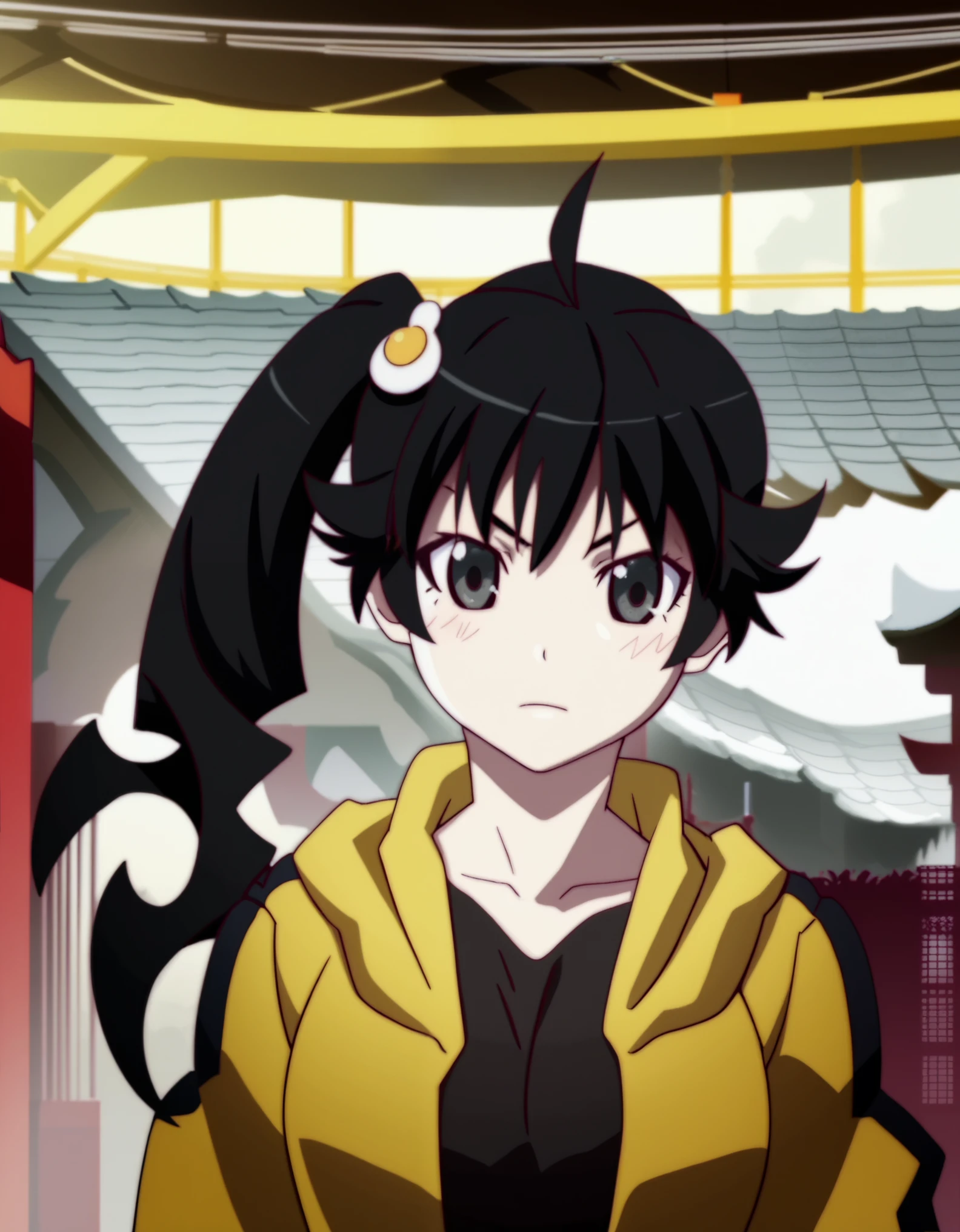 anime screencap, core_9,score_8_up,score_7_up, source_anime, araragi karen,black hair,ahoge,black eyes,side ponytail,egg hair ornament,upper_body, medium breasts, yellow hooded track jacket,bakemonogatari style, 