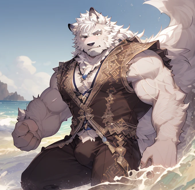 Anthropomorphic wolf,masterpiece, Solitary, Delicate face, 32 years old adult, hairy, male, Handsome, full-body shot,Strong, Very detailed, Expressive, Dramatic lighting, Epic Background, Intricate details, Ray tracing,Beach Background,white hair,White skinny briefs,Shy expression