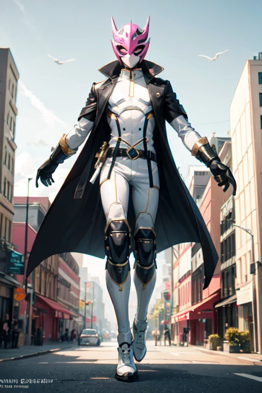 ((best quality)), ((masterpiece)), (detailed), 1 boy in a trench coat standing on a building, full body, 19 years old, masked, white mask covering his entire head, black goggles, black face mask, tall and slender, very thin, long beige trench coat, open trench coat showing his chest, black fingerless gloves, white wristbands, white suit, completely white chest, luminous pink "I" letter emblem on the chest, letter I, black pants, white knee pads, metallic white shoes, superhero belt, nanotechnology in the air, flying on a building, city background, animeime