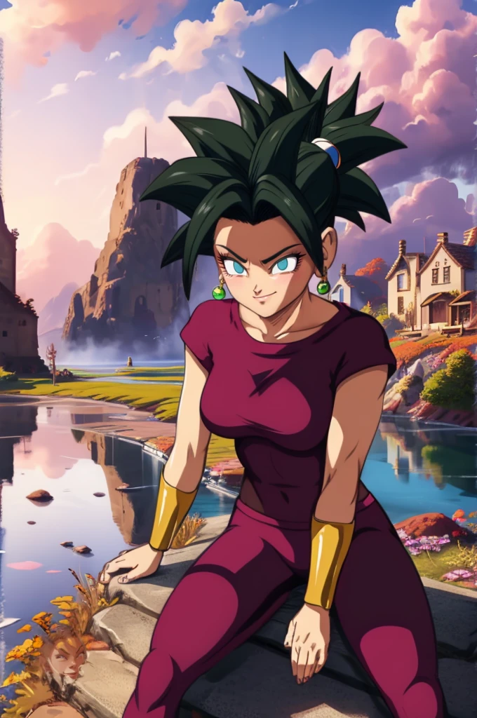 KEFLA style, 8k, hdr, ureal engine, ultra quality, big breasts  Beautiful woman, green color eyes,  sitting cross-legged, RED t-shirt, RED PANTS , long breasts,detailed realistic KEFLA costume style, BLACK hair, body,nicoledemara, , cabelo longo,  sorriso pretensioso, sorriso,  coxas, botas, decote, , , knee-length sole, single sock, single thigh height, meias, thigh strap, coxas,  outdoors, cidade, sky, nuvens, sol, buildings, (Obra de arte:1.2), melhor qualidade, high resolution, (lindos olhos detalhados:1.6), rosto extremamente detalhado, perfect lighting,, (perfect hands, Anatomia perfeita),