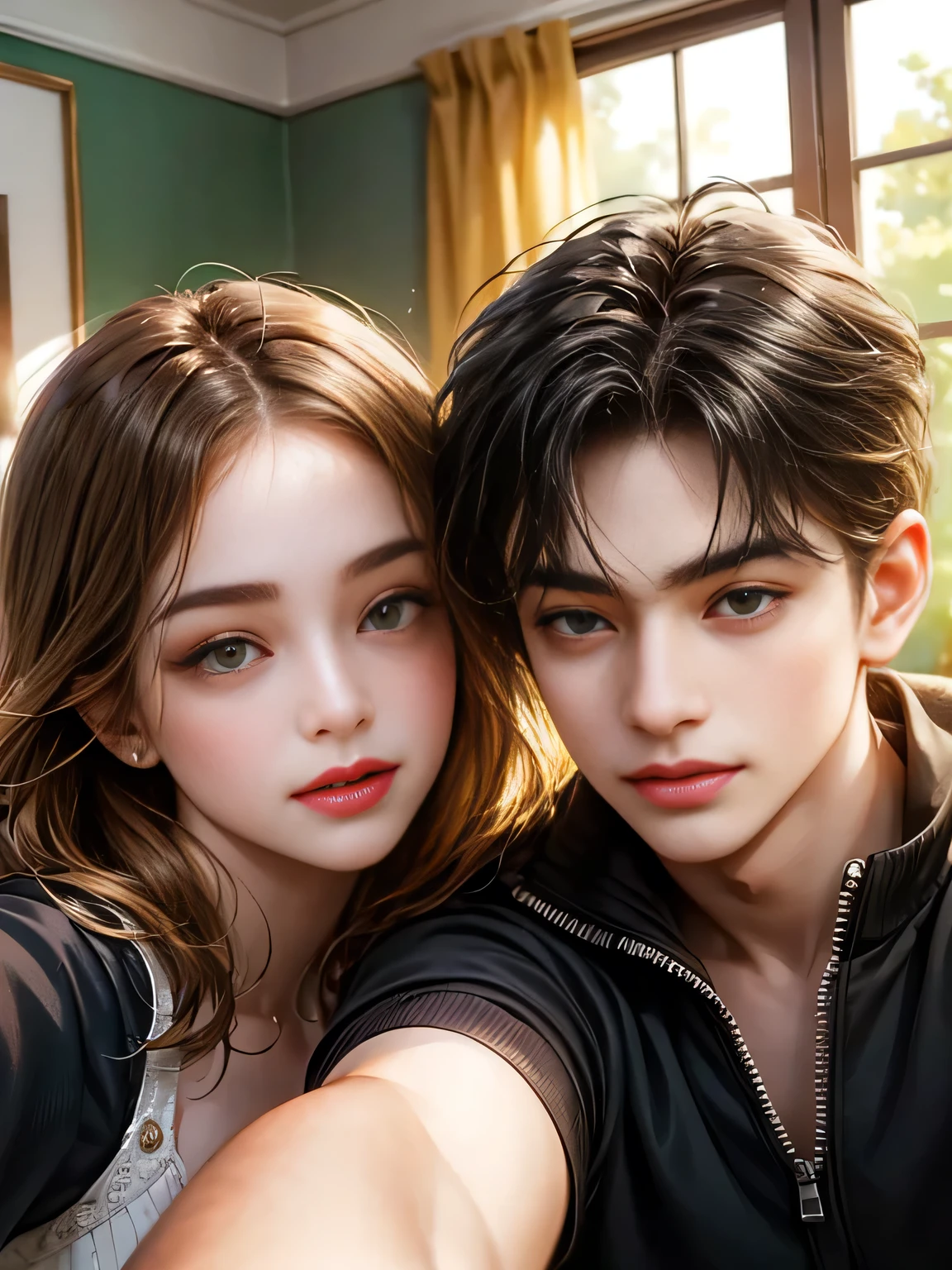 The boy has green eyes,a girl with brown eyes,selfie. He looks at the girl