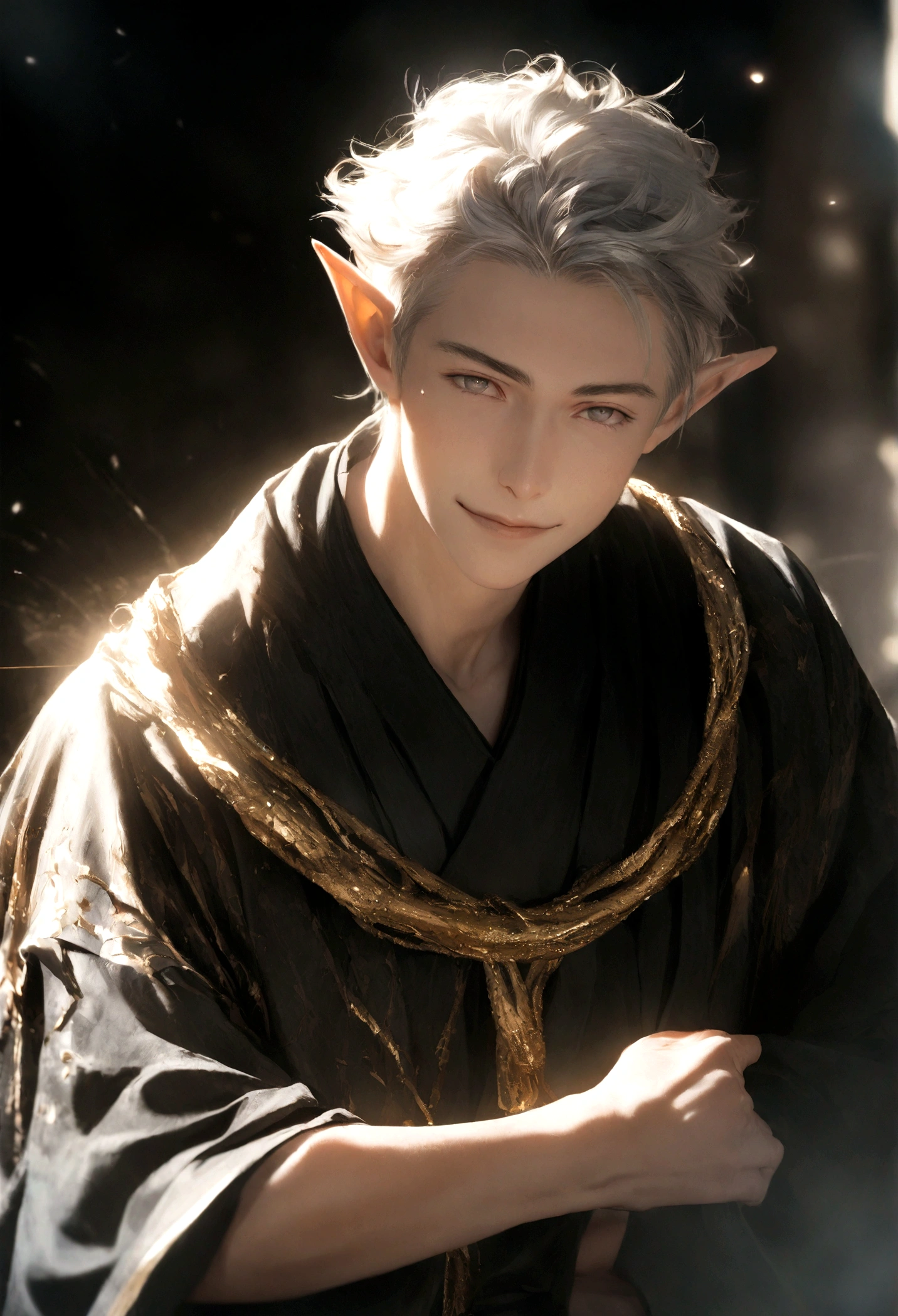 (Artwork, very high quality photo, CGI effect, lighting effect, shading effect), a male elf, bright gray eyes, short platinum hair, (wearing a black kimono with gold details), a brown scarf wrapped around his neck , white yukata over the kimono, (A confident smile on his face, a look of victory)