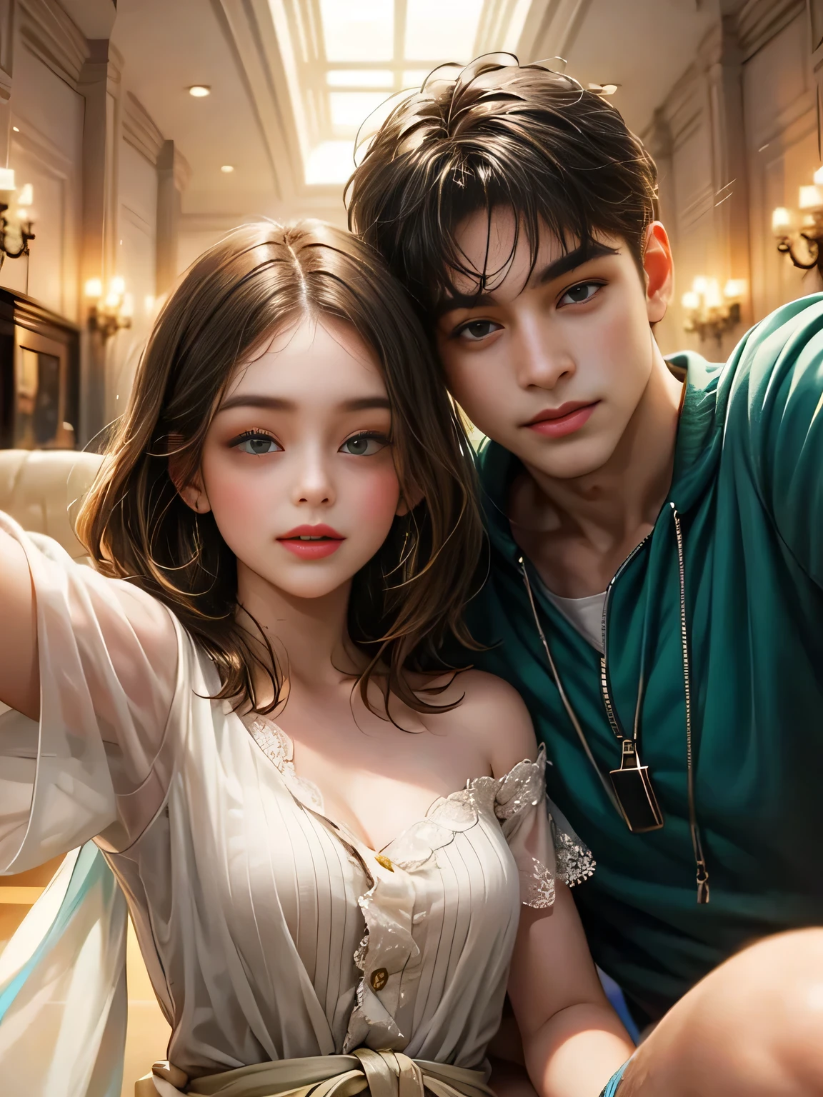 The boy has green eyes,a girl with brown eyes,selfie. He looks at the girl