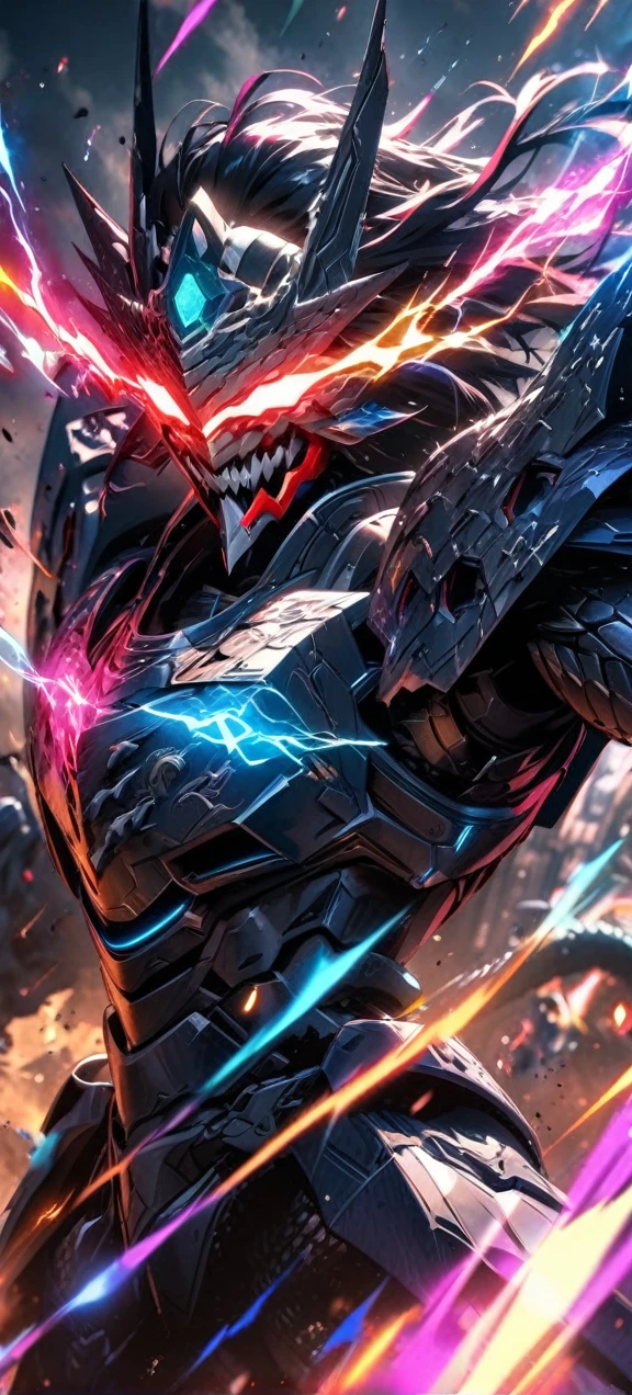 absurdres,, highres, ultra detailed, HDR, masterpiece, extremely detailed face and eyes,  shinning black God Mecha armor dragon knight, Epic Mecha dragon mask,, Black hair , , solo, ,man, handsome, , , Epic fight scene, colorful splashing effect,colorful lightning  effect,glowing glitters , 