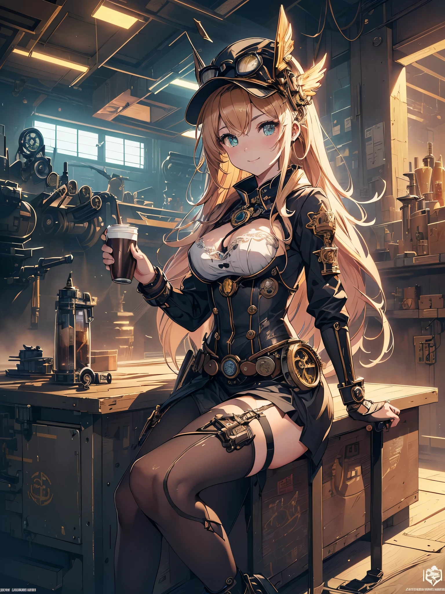 (Line art_anime),(full body, highest quality, ),(Laura Budd Photos:1.2),(Laura Add details:1.0),8k, Flat Color:0.8,1 girl,smile,(Highly decorative and complex mechanical steampunk fashion, Lace flare dolphin hat、goggles、(Sitting on a toolbox drinking coffee)、machinery background、Gear background、An elaborately mechanized steampunk cityscape 1.5)