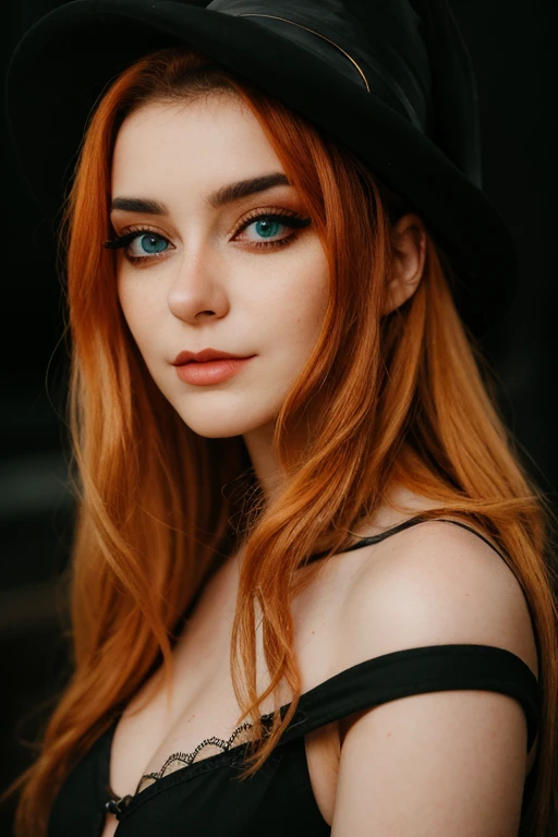 annitheduck wearing witch cosplay, vivid eyes, ginger hair, heavy makeup, looking at the viewer, convention hall, a stunning intricate full color portrait, epic character composition, by ilya kuvshinov, alessio albi, nina masic, sharp focus on eyes, natural lighting, subsurface scattering, f2, 35mm, film grain