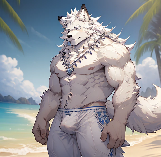 Anthropomorphic wolf,masterpiece, Solitary, Delicate face, 32 years old adult, hairy, male, Handsome, full-body shot,Strong, Very detailed, Expressive, Dramatic lighting, Epic Background, Intricate details, Ray tracing,Beach Background,white hair,White skinny briefs,Shy expression