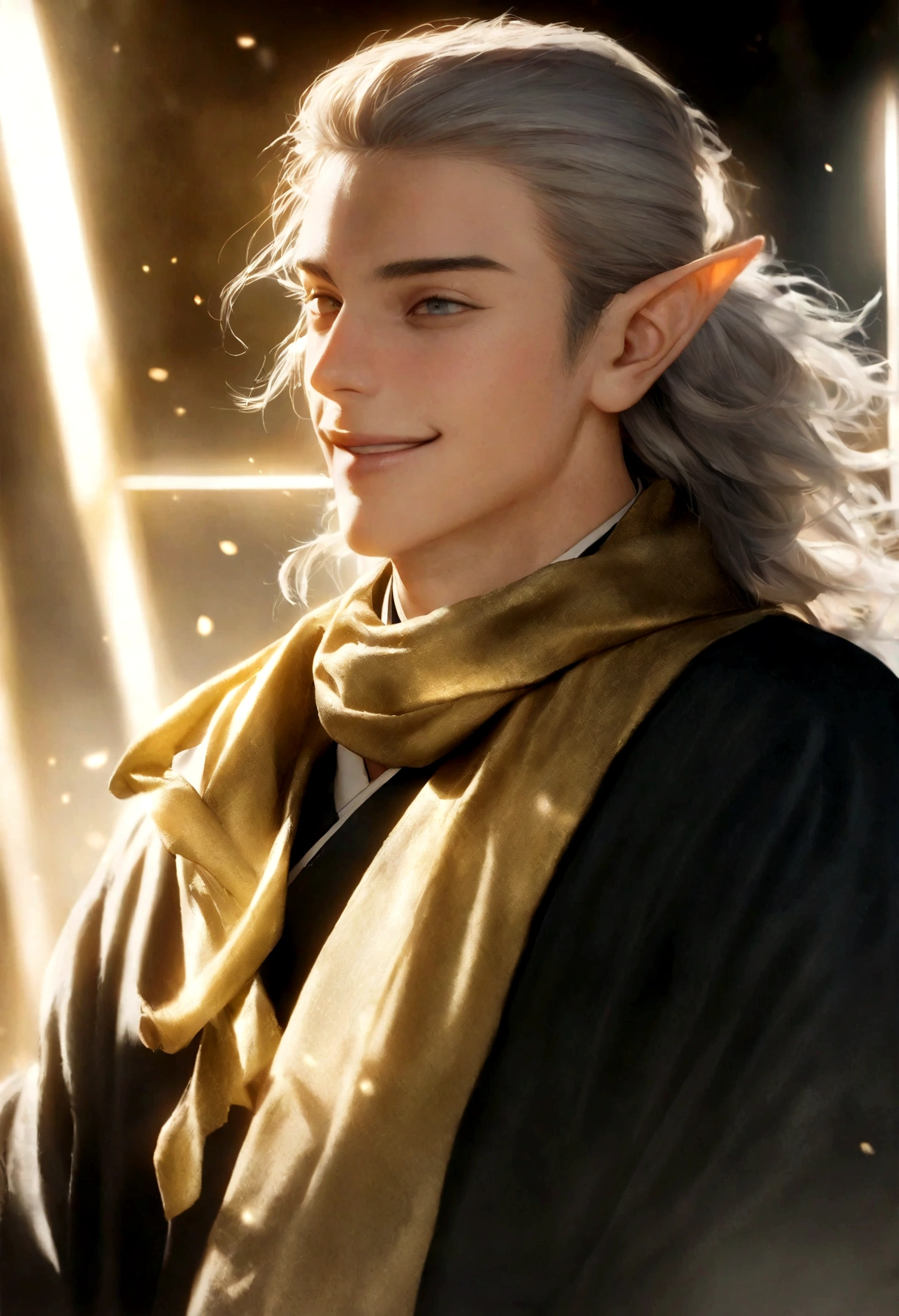 (Artwork, very high quality photo, CGI effect, lighting effect, shading effect), a male elf, bright gray eyes, short platinum hair, (wearing a black kimono with gold details), a brown scarf wrapped around his neck , white yukata over the kimono, (A confident smile on his face, a look of victory)