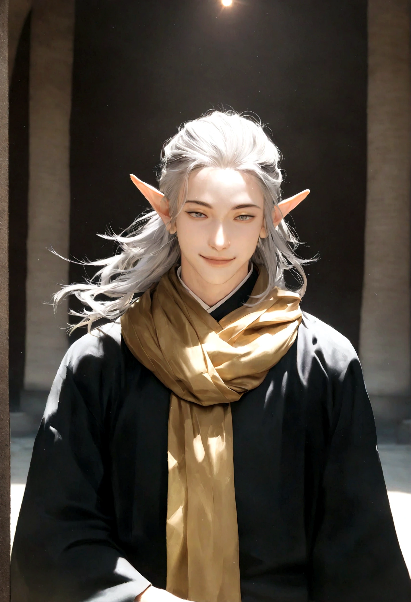 (Artwork, very high quality photo, CGI effect, lighting effect, shading effect), a male elf, bright gray eyes, short platinum hair, (wearing a black kimono with gold details), a brown scarf wrapped around his neck , white yukata over the kimono, (A confident smile on his face, a look of victory)