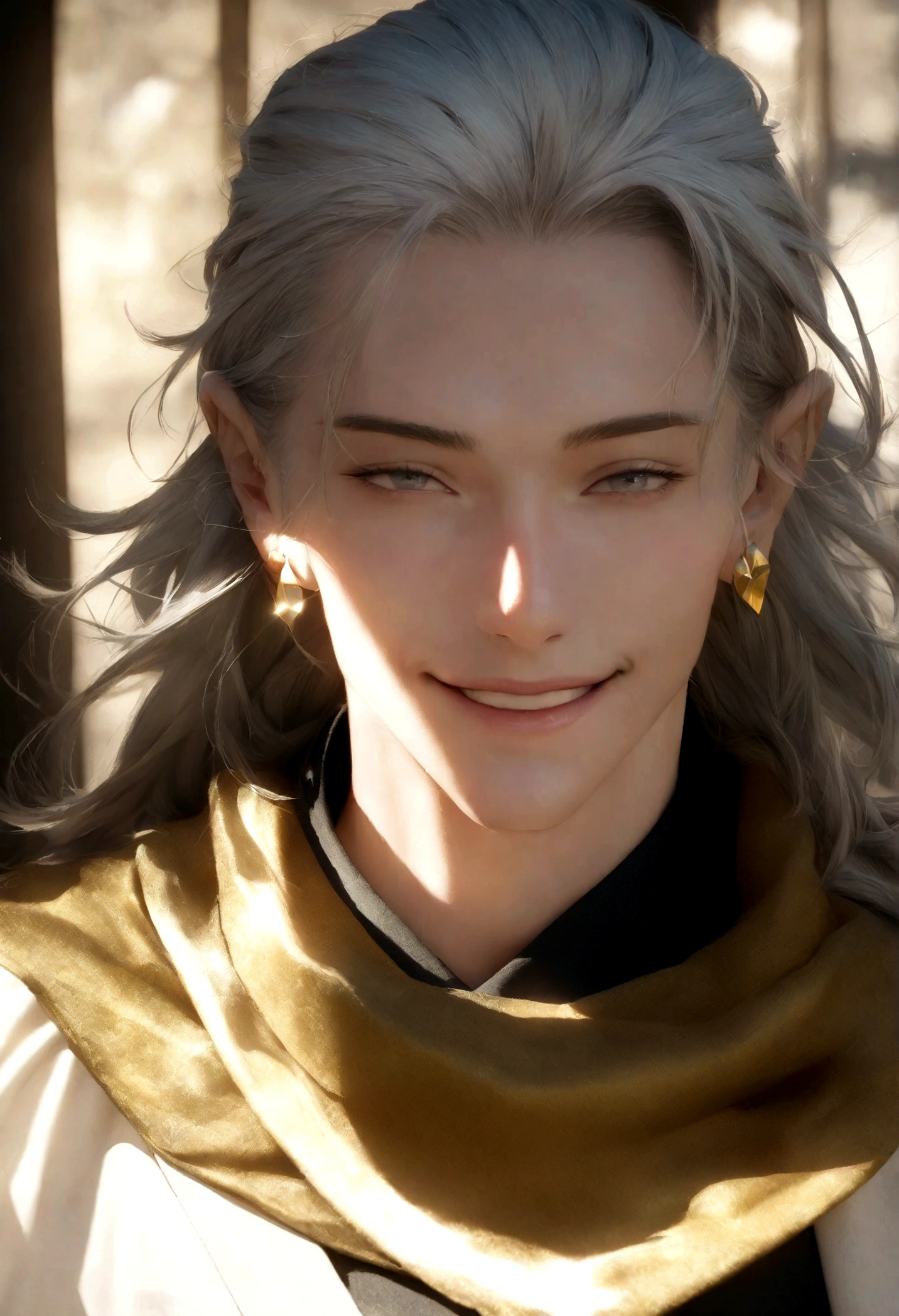 (Artwork, very high quality photo, CGI effect, lighting effect, shading effect), a male elf, bright gray eyes, short platinum hair, (wearing a black kimono with gold details), a brown scarf wrapped around his neck , white yukata over the kimono, (A confident smile on his face, a look of victory)