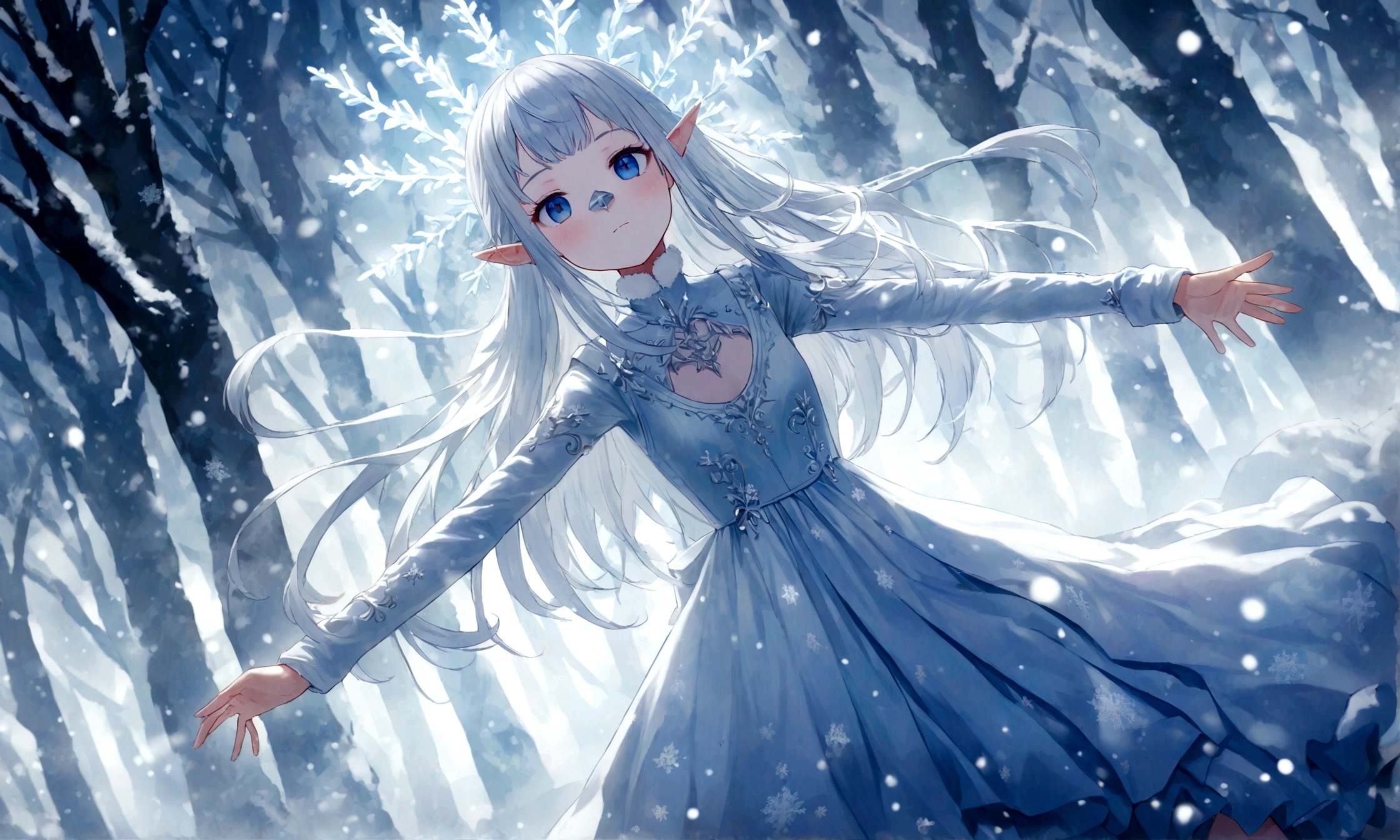 [Beautiful long platinum blonde hair],[Quiet and beautiful galaxy space background], Pleasant tranquility,[whiteいドレス],[Her dress and hair are fluttering in the wind],( masterpiece, highest quality, highest quality,8k,-yeld giSuper detailed,RAW Photos:1.5),(Realistic:1.4), (Cinema Lighting), Perfect NwsjMajic, , Surrealism, Ultra-high resolution, Accurate, Super detailed, Textured skin, High detail, highest quality, Dynamic Angle, whiteい肌,[Beautiful Blue Eyes], High nose,[Flat Chest:Big Breasts:0.5],(One girl),(Excellent anatomy:0.5)),white,A world covered in silver, Snow covered branches, Cold winter feel, Snowflakes dance like elves, Let&#39;s turn the world into a silvery fairy tale, cold,