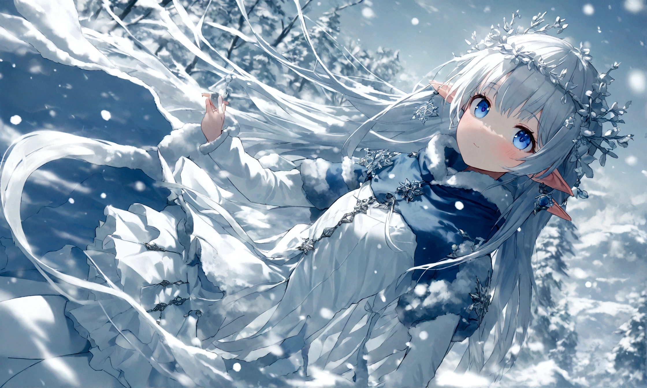 [Beautiful long platinum blonde hair],[Quiet and beautiful galaxy space background], Pleasant tranquility,[whiteいドレス],[Her dress and hair are fluttering in the wind],( masterpiece, highest quality, highest quality,8k,17-year-old girl,Super detailed,RAW Photos:1.5),(Realistic:1.4), (Cinema Lighting), Perfect NwsjMajic, , Surrealism, Ultra-high resolution, Accurate, Super detailed, Textured skin, High detail, highest quality, Dynamic Angle, whiteい肌,[Beautiful Blue Eyes], High nose,[Flat Chest:Big Breasts:0.5],(One girl),(Excellent anatomy:0.5)),white,A world covered in silver, Snow covered branches, Cold winter feel, Snowflakes dance like elves, Let&#39;s turn the world into a silvery fairy tale, cold,