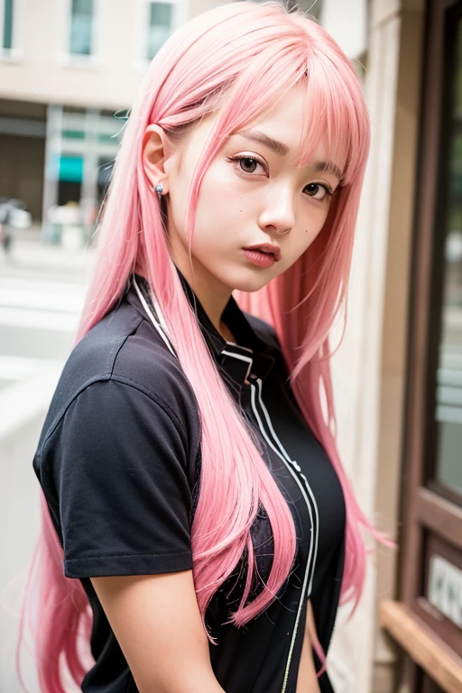 a woman with pink hair wearing a white
plaid shirt, anime girl in real life, long pink hair, long light pink hair, ulzzang, female anime character, beautiful female android!, beautiful female android, pastel light pink very long hair, realistic young anime girl, anime girl with long hair, long spiky pink hair, beautiful woman with long hair, pink straight hair, black tie, korean girl