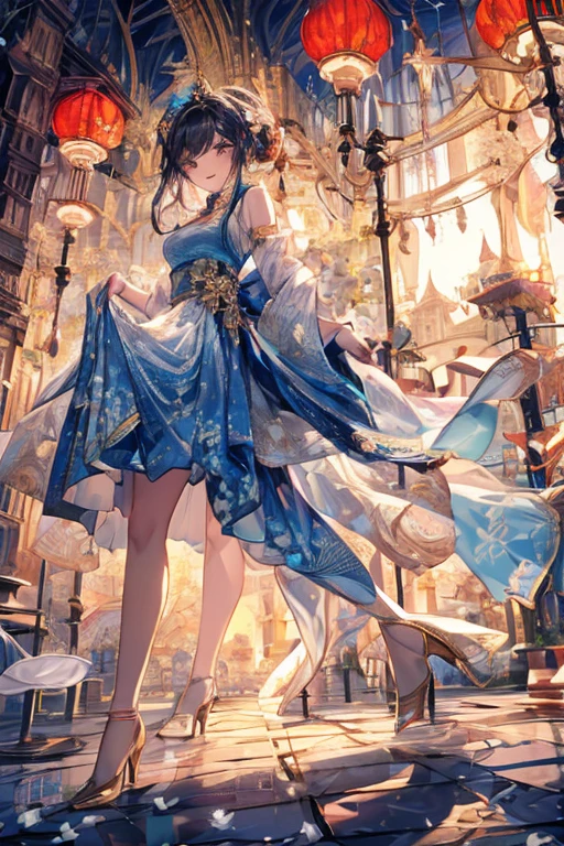 (((Masterpiece))),(((Super Detail))),(((in 8K))),(((best composition))),(((Rim lighting,Fireglow effect,deep shadow))),solo,(Hatsune Miku:1.0),beautiful detailed eyes,double bun with glittering hair ornament,(super detailed glossy skin:1.3),slender body,tits,goddess smile,((mouth little smile open)),beautiful posture,cheongsam dress,(blue with silvr gold thread embroidery,super delicate floral pattern:1.2),seductive cleavage:1.3,beautiful glossy legs,shiny red high heels,lifting dishes with cakesd,french restaurant,hustle and bustle,rising steam,(((depth of fields)))