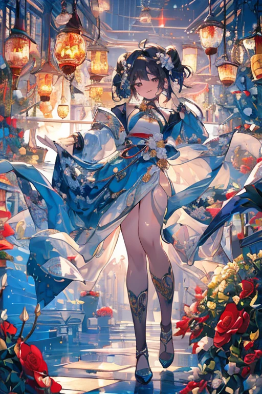 (((Masterpiece))),(((Super Detail))),(((in 8K))),(((best composition))),(((Rim lighting,Fireglow effect,deep shadow))),solo,(Hatsune Miku:1.0),beautiful detailed eyes,double bun with glittering hair ornament,(super detailed glossy skin:1.3),slender body,tits,goddess smile,((mouth little smile open)),beautiful posture,cheongsam dress,(blue with silvr gold thread embroidery,super delicate floral pattern:1.2),seductive cleavage:1.3,beautiful glossy legs,shiny red high heels,lifting dishes with cakesd,french restaurant,hustle and bustle,rising steam,(((depth of fields)))