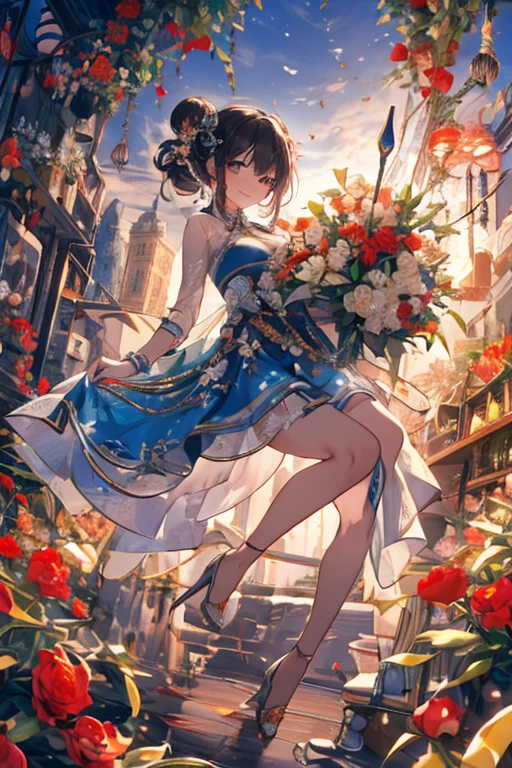 (((Masterpiece))),(((Super Detail))),(((in 8K))),(((best composition))),(((Rim lighting,Fireglow effect,deep shadow))),solo,(Hatsune Miku:1.0),beautiful detailed eyes,double bun with glittering hair ornament,(super detailed glossy skin:1.3),slender body,tits,goddess smile,((mouth little smile open)),beautiful posture,cheongsam dress,(blue with silvr gold thread embroidery,super delicate floral pattern:1.2),seductive cleavage:1.3,beautiful glossy legs,shiny red high heels,lifting dishes with cakesd,french restaurant,hustle and bustle,rising steam,(((depth of fields)))