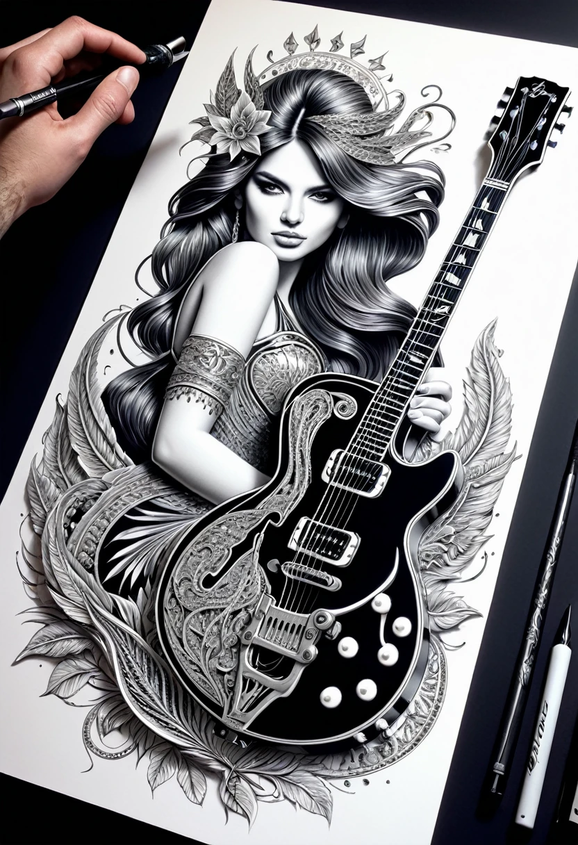 Dessiner deux figurines 4D d'une femme guitariste et d'un homme guitariste de style encre uhd époustouflante et à couper le souffle, effet holographiqhe qui semble sortir de la feuille de dessin, extremely detailed drawing, hyperRéaliste, sublime details. Truly remarkable work, rock'n roll metal work , perfect and detailed hands, highly detailed hyperrealistic guitar