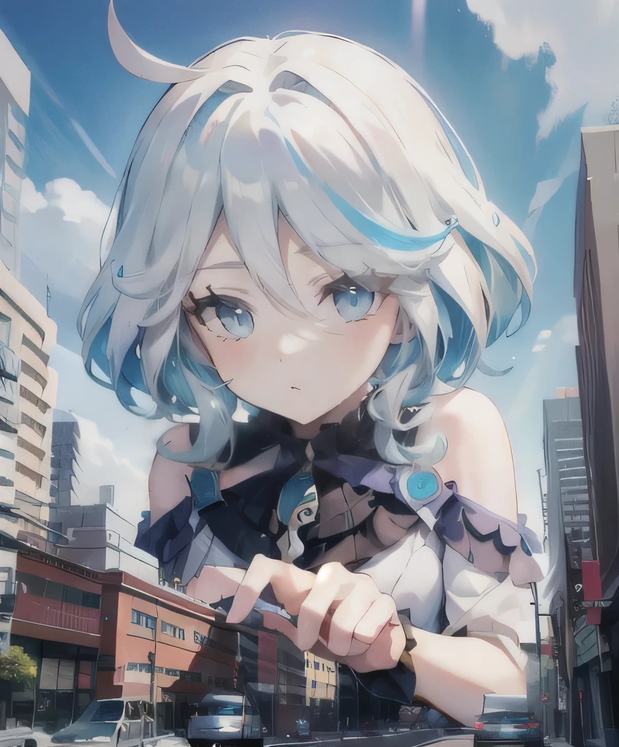 1 Girl,barefoot,white blue hair,blue eyes,Lying on the planet,line-up,line-upGiga,city building,line-upCity