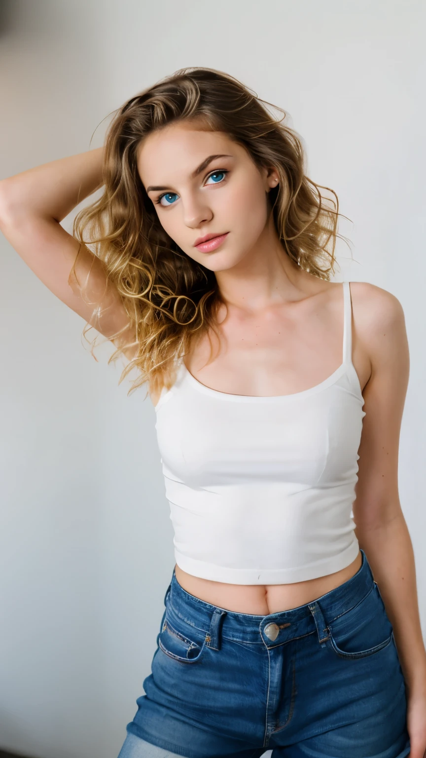 (Cute tween fashion model:1.5), full body, studio light, skinny, thin, slim, lean, slender, tight waist, nubile, posing for picture, wavy blonde hair, blueeyes, natural lighting, armpits, perfect lips, fat lower lip, young, youthful, , teen, supermodel thin, makeup, big fake breasts, 