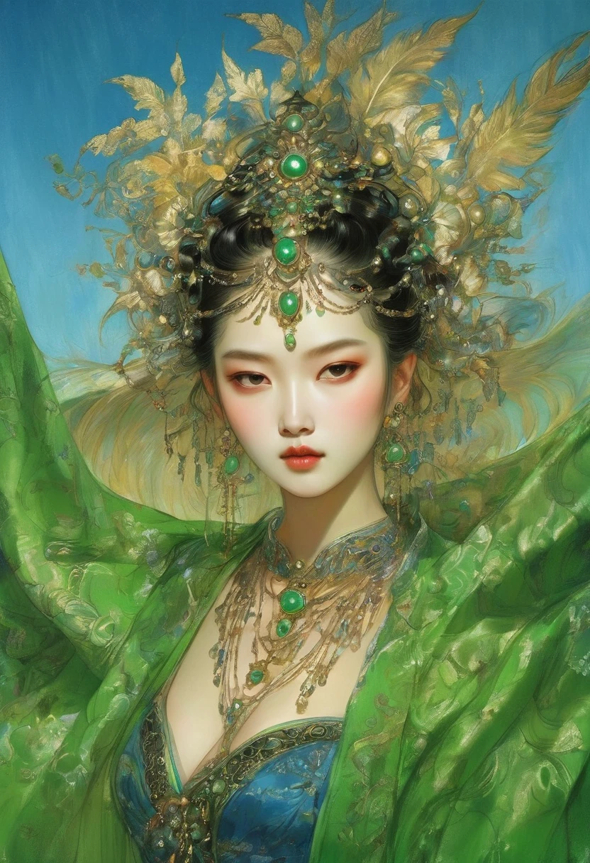 (masterpiece, best quality:1.2), elegant girl, striking pose, exquisite detailed features, piercing eyes, sharp nose, sensual lips, ornate clothing, symmetrical composition, cinematic lighting, dramatic chiaroscuro, rich color palette, high contrast, digital art, photorealistic,xianxia,anatomical correct:2,green,blue