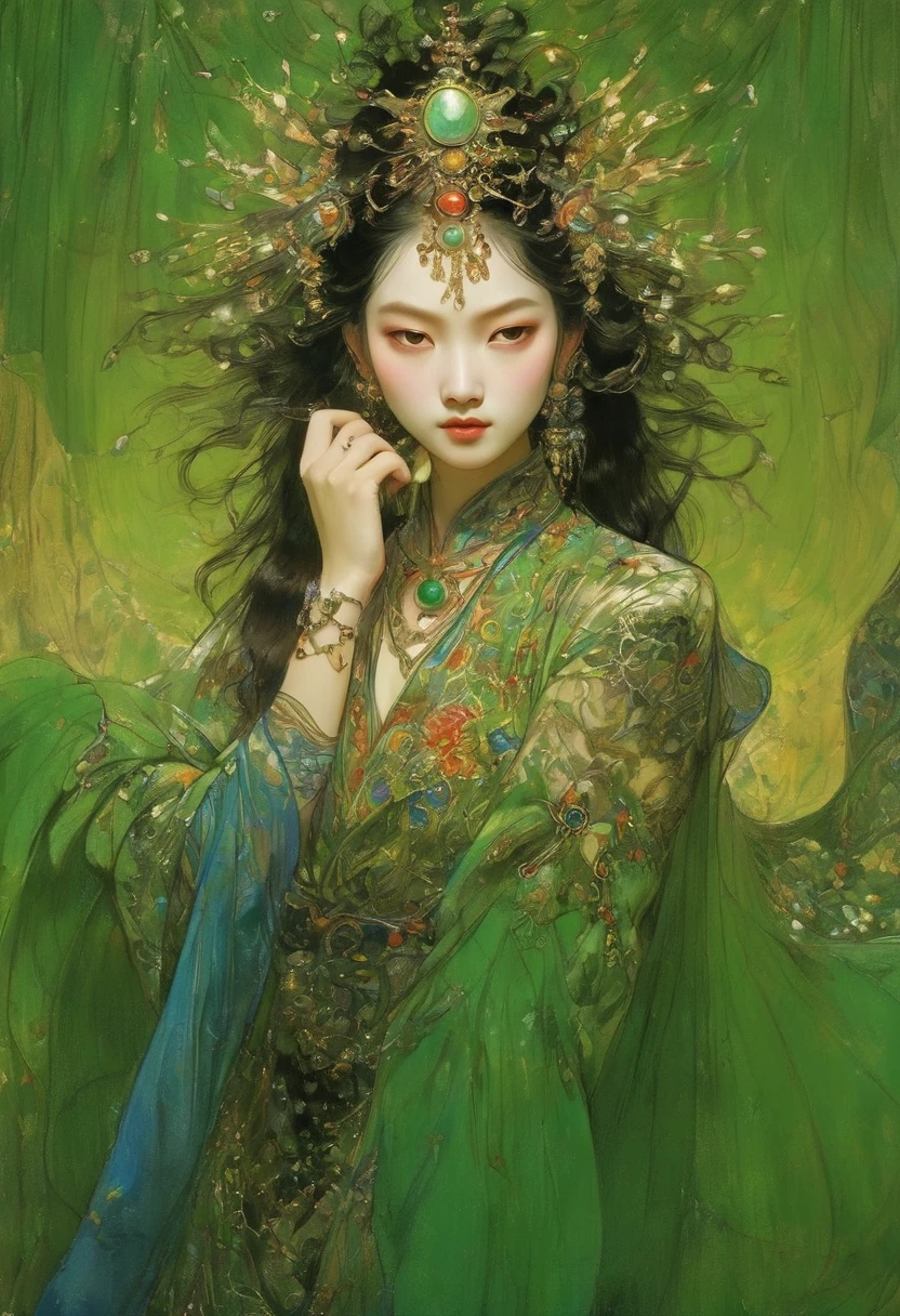 (masterpiece, best quality:1.2), elegant girl, striking pose, exquisite detailed features, piercing eyes, sharp nose, sensual lips, ornate clothing, symmetrical composition, cinematic lighting, dramatic chiaroscuro, rich color palette, high contrast, digital art, photorealistic，xianxia，anatomical correct:2，green，blue