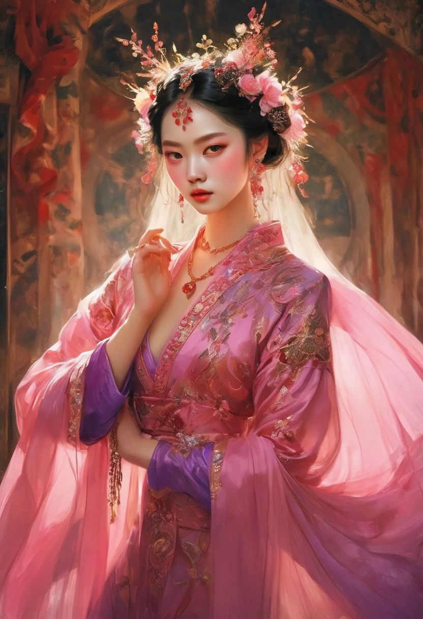 (masterpiece, best quality:1.2), elegant girl, striking pose, exquisite detailed features, piercing eyes, sharp nose, sensual lips, ornate clothing, symmetrical composition, cinematic lighting, dramatic chiaroscuro, rich color palette, high contrast, digital art, photorealistic，xianxia，anatomical correct:2，pink，purple