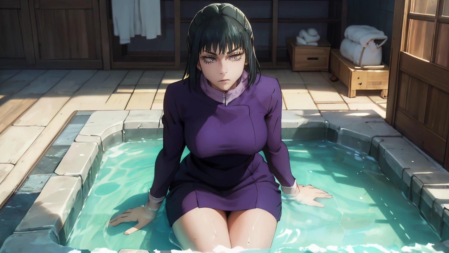 Ensure that Maki's entire body is visible, with attention to detail on her hands as she retrieves the soap. The final image should be in 8K resolution, high-quality, and evoke a sense of calmness with a hint of tension as Gojo Satoru's presence is suggested outside the bathroom door. Top Quality, masterpiece, HIGH DEFINITION, masterpiece, 8K, highly detailed, Best Illustration, beautiful detailed eye, detailed detail, Maki Zenin, 20-Something Woman, Hyper Detail, Perfect Hands, Beautiful Artwork, Master Quality, Best Shadows, Lighting to Highlight Characters, Realistic Face Details, Realism, 3D Face, Floating Nipples masterpiece, The Highest Quality, colorful hair, 1girl, bangs, long hair, Middle chest, aroused, lying, summer day background, facing towards the viewer, legs open, wet see-through dress, little clothes. Create an exquisite depiction of Maki Zenin in a serene bathroom scene, Maki's expression should exude tranquility as she reaches down to pick up a dropped bar of soap. The lighting should be soft and soothing, with gentle ripples in the water. In the background, suggest elements of nature or minimalist décor to enhance the atmosphere.