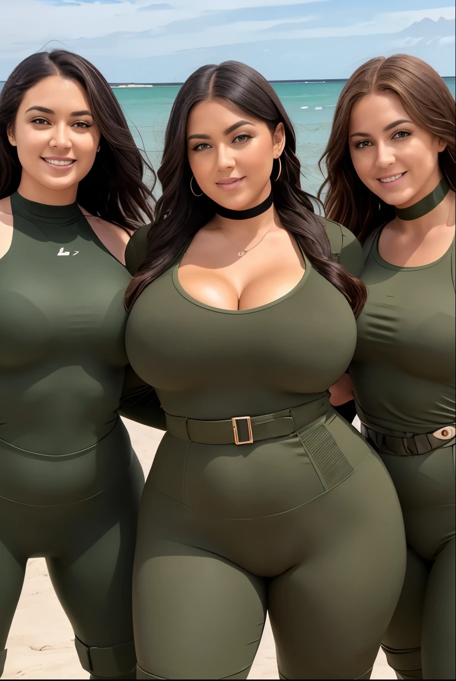 Six women in army green outfits posing for a picture, a colorized photo inspired by Vanessa Beecroft, trending on cg society, digital,big  art, thicc, tight outfit, thick thigs, tight attire, tight fit, wearing military outfit, militaristic!!!, thick, varying thickness, wearing tight suit, miltary, perfect military composure, army, thick body standup take photo on the Beach
