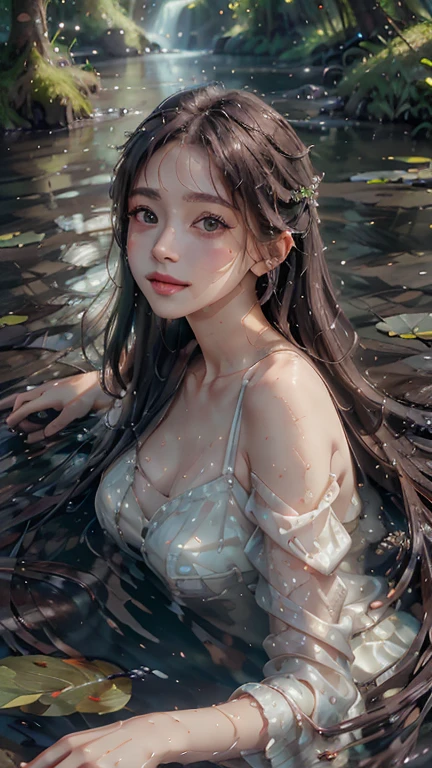 (best quality,4k,8k,highres,masterpiece:1.2),ultra-detailed,(realistic,photorealistic,photo-realistic:1.37),portrait of fairies,enjoying water play in a beautiful river in the forest,fairy with detailed face and hands, enchanted woodland scene, sparkling water, sunlight streaming through the trees, vibrant colors, ethereal atmosphere, delicate wings, flowing dresses, mischievous expressions, shimmering reflections on the water surface