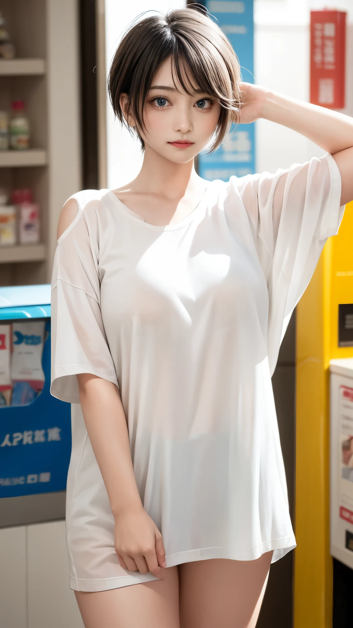 masterpiece、highest quality、be familiar with、1 female、blue eyes、Cream yellow hair、(((oil skin))),shiny skin, short hair、Oversized big long T-shirt that reaches the thighs、No underwear、Shoulders are out、Seductive thighs、big breasts、big breasts、A woman went shopping、Angle from above、embarrassed face、from the front、upward glance、background bokeh、In front of the convenience store cashier counter、A girl who came to buy condoms、Place condoms and alcohol on the cashier counter、