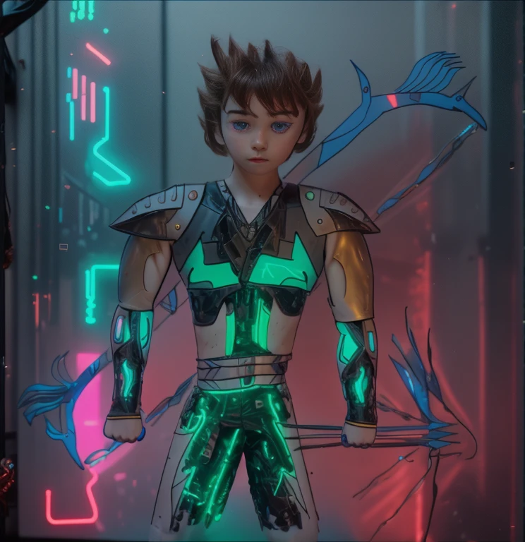 Full-length hyperrealistic photograph of a 1 boy, 20 years old, cyberpunk archer, with cyberpunk technological armor, neon lights effects, energy bow, energy arrows, short brown hairs, masterpiece, photorealistic, raw camera, uhd, 8k