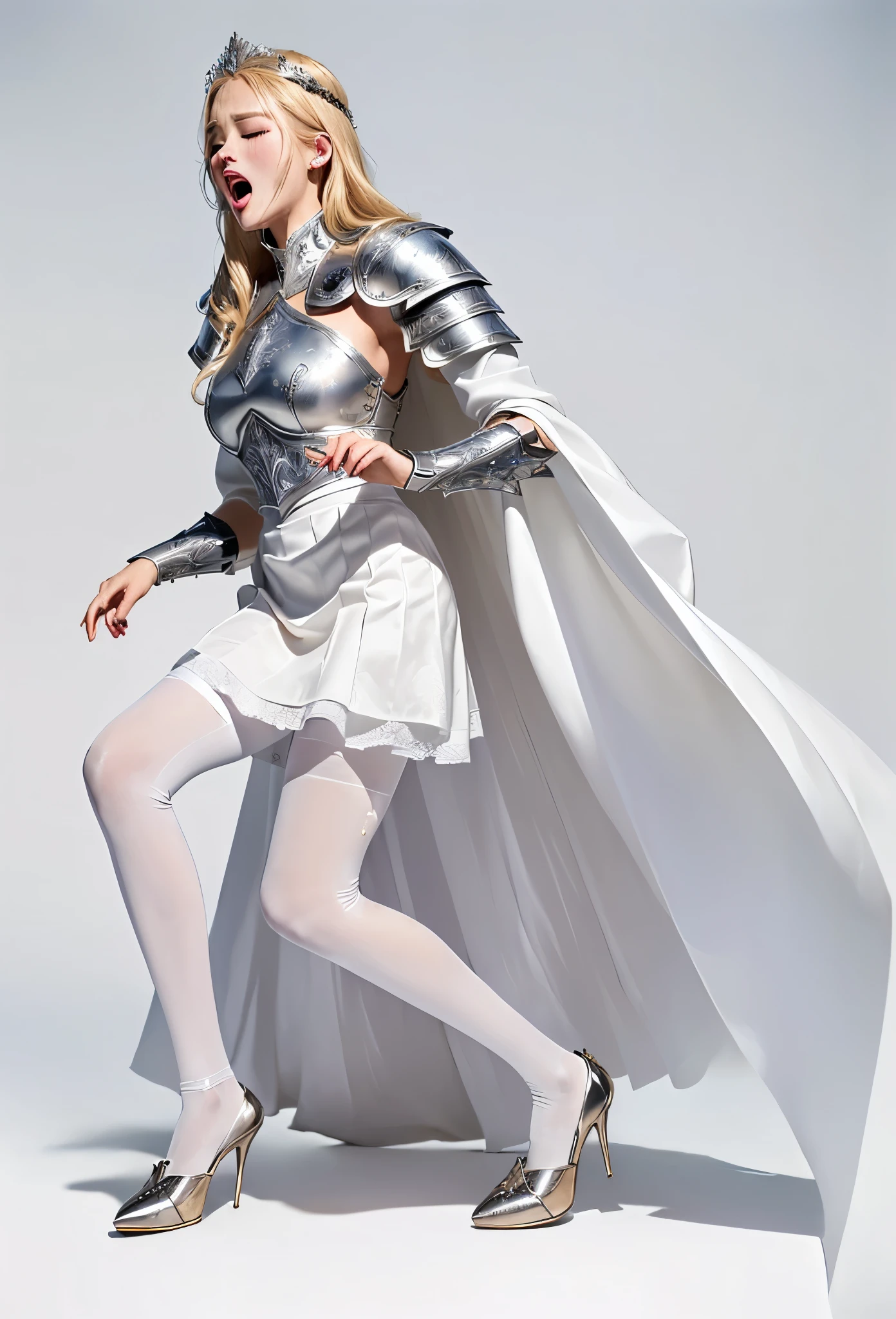 masterpiece, best quality photo, a beautiful 25 years old princess knight is screaming and falling down, (fancy engraved medieval metal armor on top:1.3), (waving flare skirt:1.2), (white pantyhose on bottom:1.3), high-heel:1.2, light gray metal armor, (detailed facial expression:1.2), extremely detailed face, extremely beautiful, grimace, screaming, strongly closed eyes, wide open lips:1.3, rich blonde hair:1.1, (painful screaming facial expression:1.2),