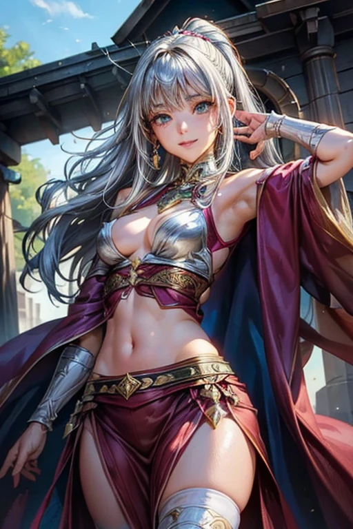 #Basics Girl posing for a photo, animeのかわいい女の子, (((One Girl, Baby Face, s old))),
BREAK
#Clothing Accessories Female Knight, (Silver-based armor, Breastplate decorated with red gemstones, Gauntlet, Armor Plate, red cape, Combat Boots, sword, shield),
BREAK
#Features
(Silver Hair:1.4, Bangs that expose the forehead:1.4, (ponytail : Very long hair +Thick, curly hair + Black string ribbon)),
(Droopy eyes,blue eyes),
(Small breasts),
BREAK
#expression
(smug face, Grin),
#background environment
((noon, Medieval fantasy temple)),
#composition
(Raise one arm high:1.4, from below:1.4, Cowboy Shot:1.4),
BREAK
#Body parts elements
(Beautiful Hair,Shiny Hair),
(double eyelid, Long eyelashes),
(Expression of fine eyes, Beautiful and delicate eyes, Sparkling eyes, Eye Reflexes),
(Beautiful Nose, Thin Nose),
(Glossy lips, Beautiful Lips, Thick lips), (Symmetrical facial features),
(Detailed skin, Textured skin, Beautiful Skin),
BREAK
#Quality
(((highest quality)), ((masterpiece)), ((Very detailed))),
((High resolution), (16k,1080p)),
(Realistic), (Anatomically correct),
((comics, anime)), (3DCG), CG illustration,