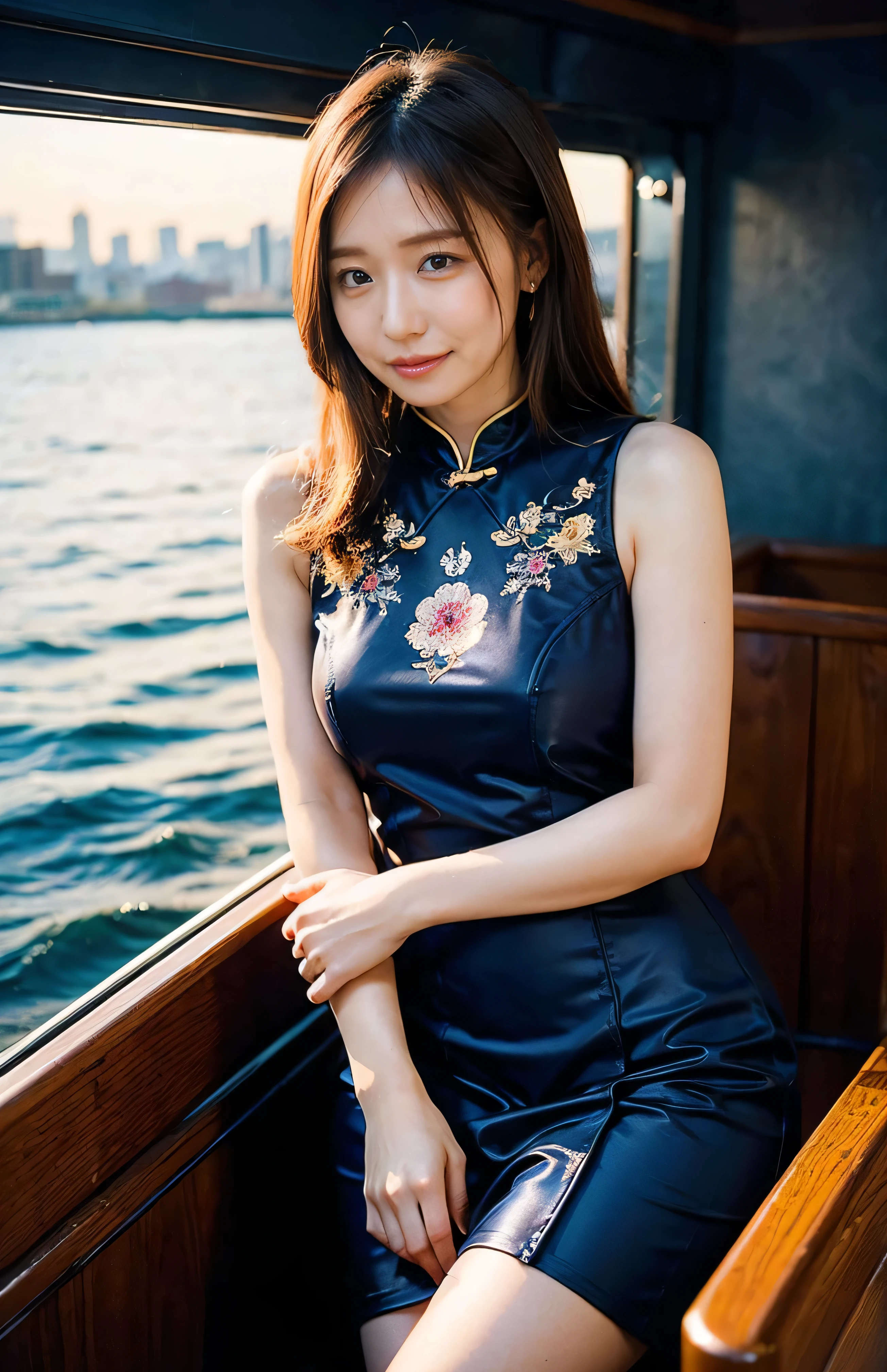 The sky turns red、A gorgeous gold embroidered Chinese dress、hair ornaments、Tie your hair elegantly、Gorgeous silk cheongsam、((Standing on a boat and posing sexy、Luxurious and shiny navy-colored Chinese dress with embroidered long skirt:1.4)).A luxurious and shiny silk cheongsam、A luxurious navy blue cheongsam with embroidery、Woman standing on a boat、Light brown hair、Elegant hairstyle、Blue Eyed Woman、A woman with a cute upward gaze、When the sky gets dark、The gentle light of the ship shines、The sky turns red as the sun sets、Tight clothing that shows your body lines、、Elegant navy blue summer knit、Elegant black summer sweater、Short skirt、Dress elegantly着こなす、Luxury Bagedium Shorthair:1.4))、Skyscrapers seen across the sea、Manhattan 私sland is visible offshore、Woman on a sightseeing boat、、The sun shines on her、Light brown hair、Light brown hair、The sky was dyed red、There are clouds、private's cute、An elegantly dressed woman is sitting on a boat and watching the sunset、Her ample breasts are obvious even through her clothes..、The shining sun is so beautiful、Dusk is approaching、Lens flare、I can see the sunset、((Sunlight reflecting off the ocean、Ocean View、The sun shines on the sea、'beautiful.、Small earrings、private'evening、Birds are also flying、、Brown Hair Color、Tying up hair、The woman is on the right:1.4))、Luxury Leather Belts、Shiny clothes、Light beige hair color、Background Blur、Braid only the front hair、Light brown hair、{{Cowgirl Shot}}、((Close-up shot from the waist up、Ample breasts:1.4))、Smile、Silk clothing、Ample breasts that can be seen even through clothes、Braid only the front hair、Cowboy Shot、Gorgeous white collared silk shirt and brown skirt、Dress elegantly、Luxury Bags、A lovely smile、((Ample breasts))、Full body photo、ring、Short skirt、Tuck your hair behind one ear、Silver Necklace、smile、 Elegant ponytail、Caustics、Highly detailed photos、Very beautiful and ideal short hair、Super no makeup、(8k、RAW Photos、highest quality、masterpiece:1.2)、(Realistic、Realistic)、1 girl、((Medium Short Hair、Looking into the camera:1.4))、Hair blowing in the wind