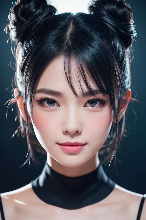 black hair, hair bobbles, wince, longeyelashes, solid circle eyes, fake animal ears, light smile, ear blush, fang, ccurate, asymmetrical hair, double bun, half updo, dark blue hair, Surrealism, drop shadow, anaglyph, stereogram, tachi-e, pov, atmospheric perspective, Surrealism, Contemporary art, cinematic lighting, sparkle, projected inset, Canon, foreshortening, 8k, super detail, best quality, UHD, award winning, super detail, anatomically correct, retina, masterpiece, accurate, textured skin, high quality, highres, best quality, 16k, 1080P