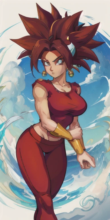 kefla style, Beautiful woman, mercenary, heroic, , long breasts,  red hair, masterpiece, extreme quality, perfect eyes, iris, perfect body, perfect face, cinematic light, digital rawing, neckline, large breasts, 1girl only, 2 legs only, two arms, perfect body, mature female, soft, perfect and detailed hands,  aura ki, detailed background, thick eyelashes, makeup, eyeshadow, curvy, red pants yoga, ripped yog top