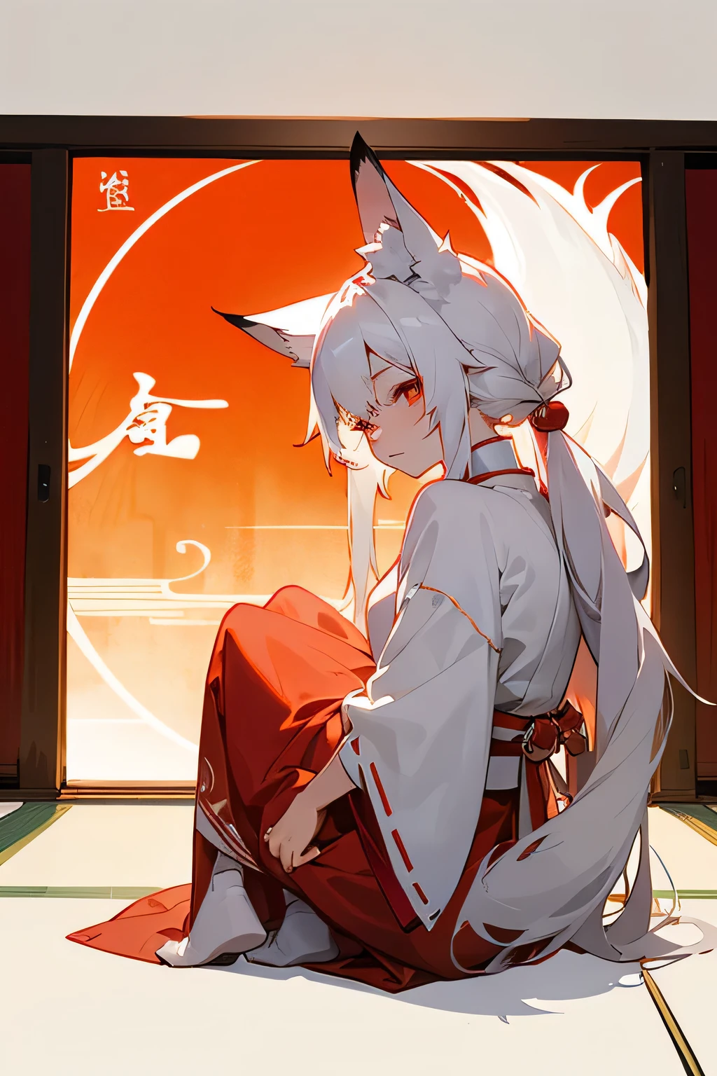 A short human girl with fox ears, nine kitsune tails emerging from her lower back, full body picture, detailed white hair and fur, red kitsune markings on her face, japanese paper door background, sitting on the floor on her knees facing foarwards, 