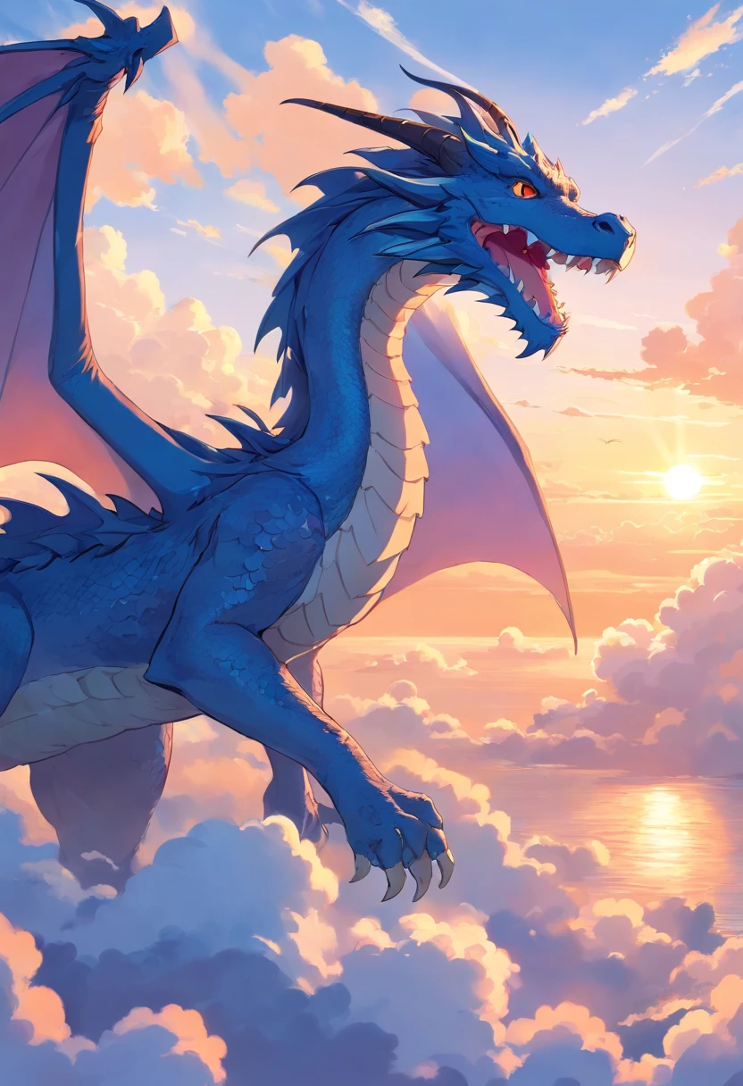 Illustration about a blue dragon, who can talk to the clouds. sunset, close-up, Bright, happily.