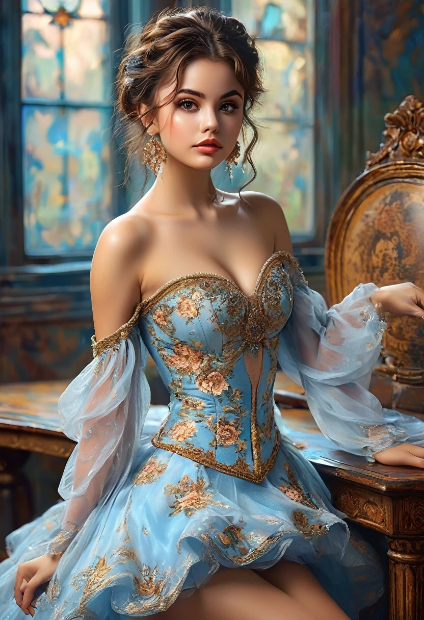 (Best quality,8K,A high resolution,Masterpiece:1.2),Ultra-detailed,(Realistic,Photorealistic,photo-realistic:1.37),Portrait,Creative style artwork,Historical,classical,Sophisticated,plethora of colors,Highly detailed,Soft lighting,luxurious environment,detailed gown,Vibrant flowers,detailed jewellery,Ethereal atmosphere,Elegant Pose,Graceful curves,Gold body proportions,Flowing hair,Breathtaking textile patterns,blue colors,green color,Delicate floral decoration,A dazzling array of crystal accessories,Mysterious and dreamy atmosphere,Impeccable attention to detail.