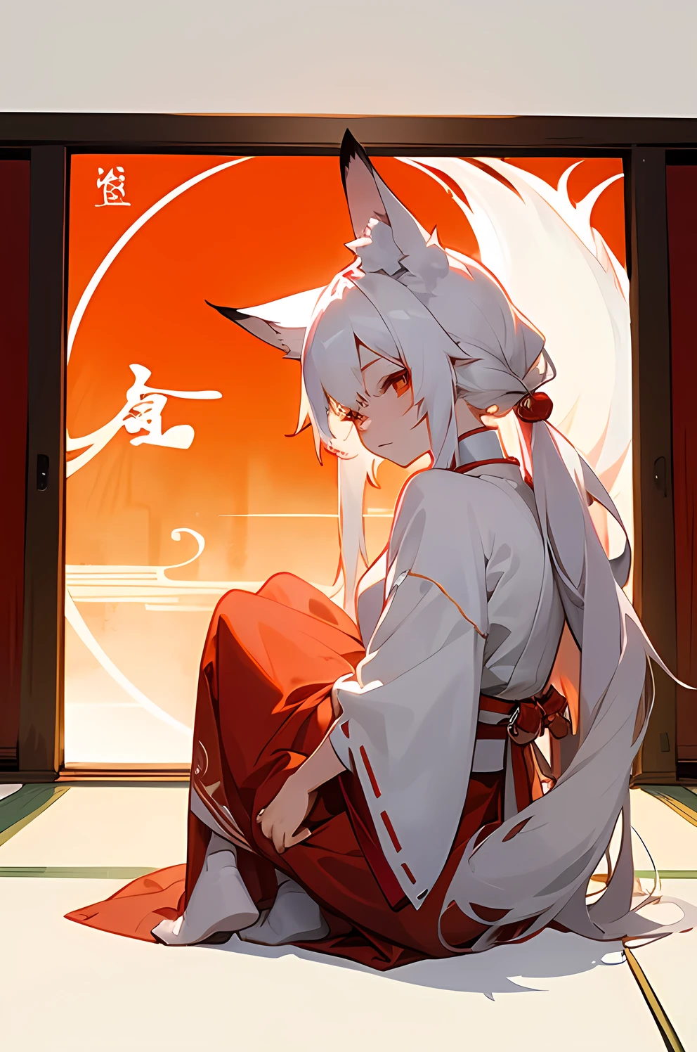 A short human girl with fox ears, nine kitsune tails emerging from her lower back, full body picture, detailed white hair and fur, red kitsune markings on her face, japanese paper door background, sitting on the floor on her knees facing foarwards, 