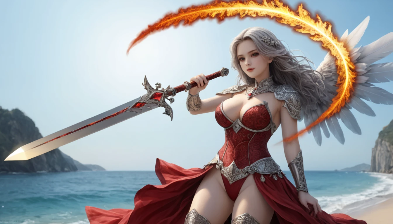 (On the table:1.5), Extremely detailed CG Unity 8K wallpaper,(Practical,Realism,Surrealism:1.5),(curve,Model,charm:1.5),Beautiful breast,color_Aberrations,Beautiful and detailed shadows,beautiful eyes,Beautiful Body,Beautiful skin,Beautiful hands,(Red Western Armor:1.4),(Red hair,long hair,Red Eyes:1.5)、(Holding a flaming sword in his hand,Holding a sword:1.4),(Large target_breast:1.5),return々Shishi Face,(Fit and perfect body:1.5),Intricate details, From a_below, Shiny_skin, (Hair covering one eye:1.2), Side lock, (hair blowing in the wind:1.3), (burning feathers:1.4),translucent, Good velvet quality, Compared, Divine Light,, Silver gray hair, Sky background, Absolute Strength,Female angels,A ray of light with the right proportions,Girls in sexy bikinis, at the seaside, Colorful jewel-like eyes.,大breast,Full breasts,Golden ratio figure,Perfect body,Ultra wide-angle shooting,Full body shot,Body close-up,Look at the audience