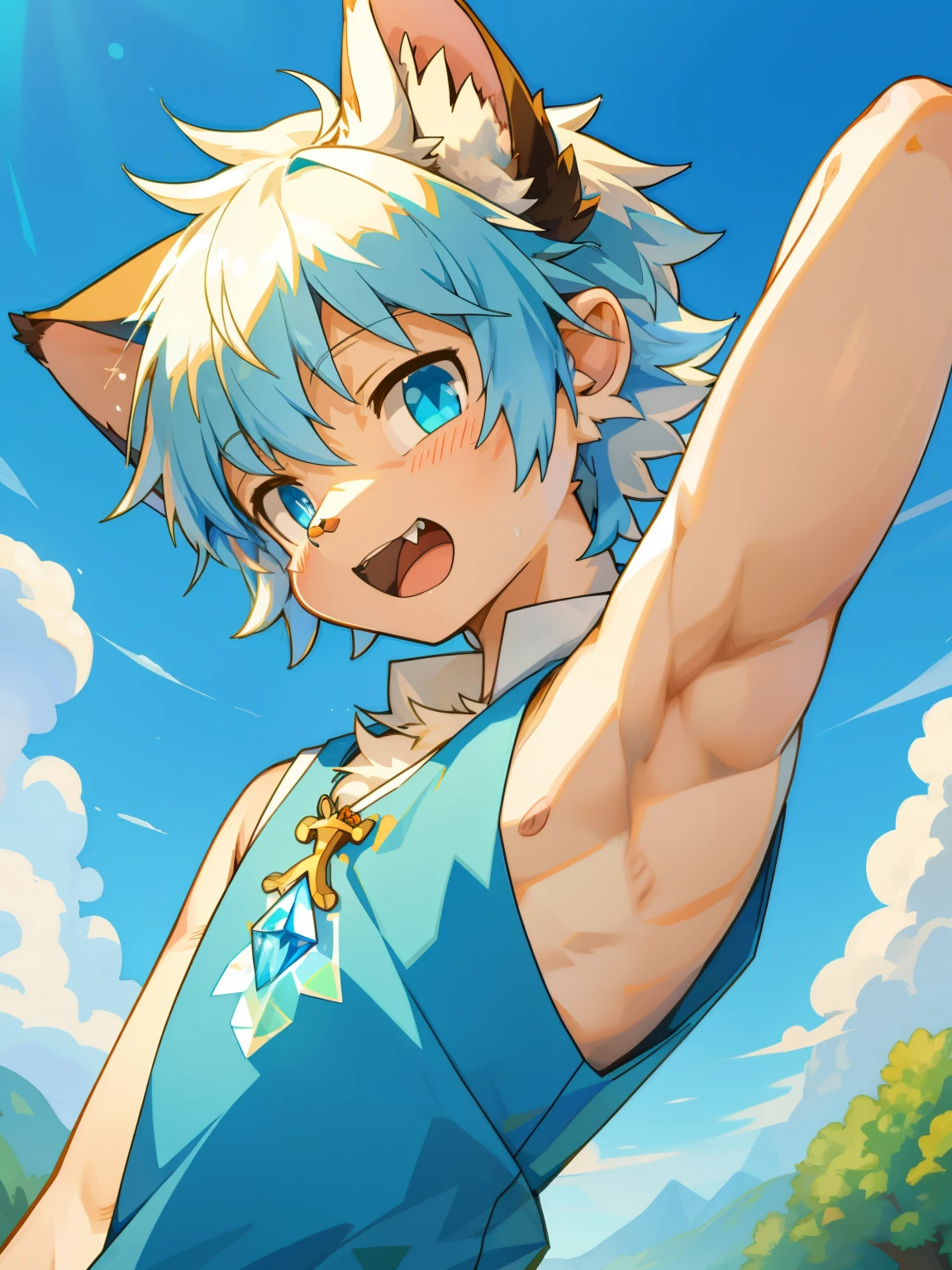 Highres, Masterpiece, Best quality at best,High-quality illustrations, Best Quality, Furry, Boy, Shota, Cat boy,Blue fur,crystal blue eyes,Single fluffy tail,White hair,Open mouth, Little fang, (Showing armpit:1.3), Smooth armpit, Clean armpit, short detailed hair, Sleeveless hodie, Upper body, uhd