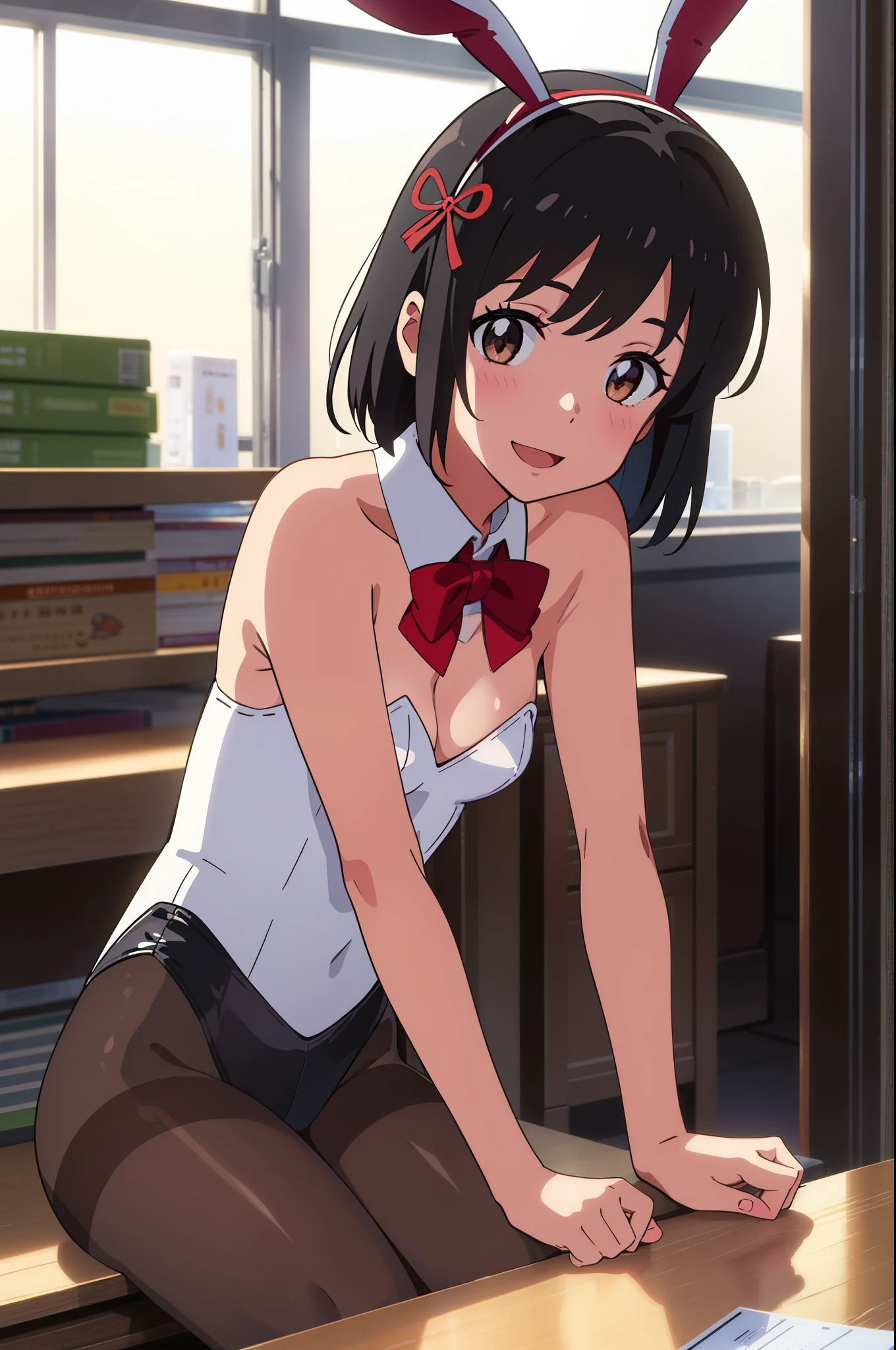 shinkai makoto, kimi no na wa., 1girl, bangs, black hair, blush, brown eyes, shinny skin, red headband, red ribbon, red bow, bare shoulders, pantyhose, short hair, smile, open mouth, cute, solo, happy, hair ornament, rabbit ears, playboy bunny, white leotard, detached collar, looking at the viewer, sitting on the table, at library