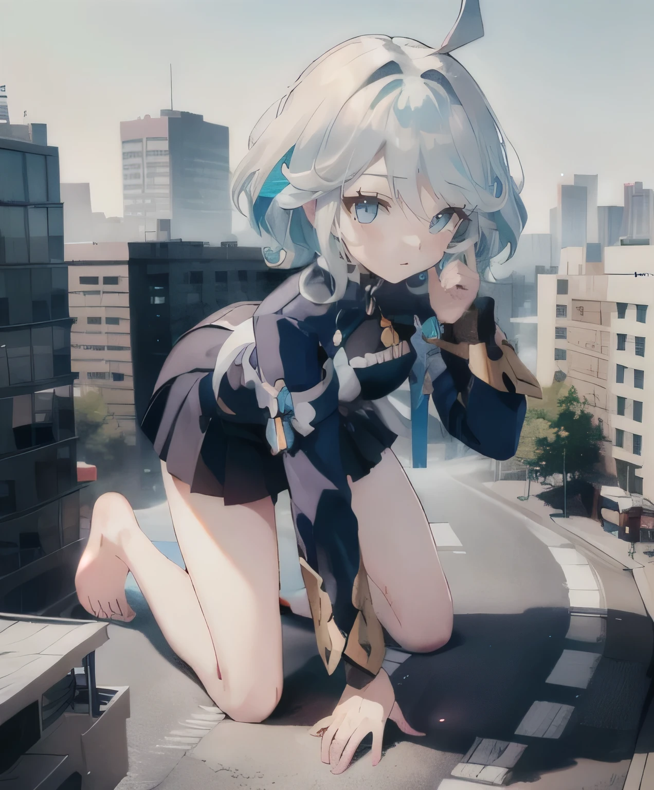 1 Girl,Shy,barefoot,white blue hair,blue eyes,Lying on the planet,line-up,line-upGiga,city building,line-upCity