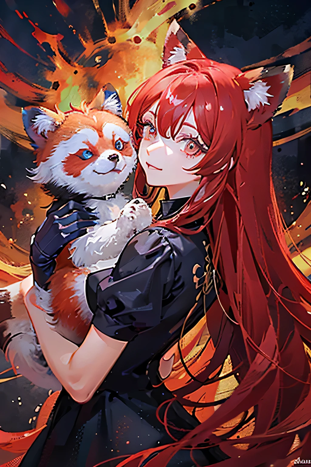 1 mulher , tem 1,60 de altura, tem cabelo longo e vermelho sangrento , olhos vermelhos, has red panda features, segura dois machados vermelhos de guerra, tem fogo a sua volta, peitos grandes, vestido negro