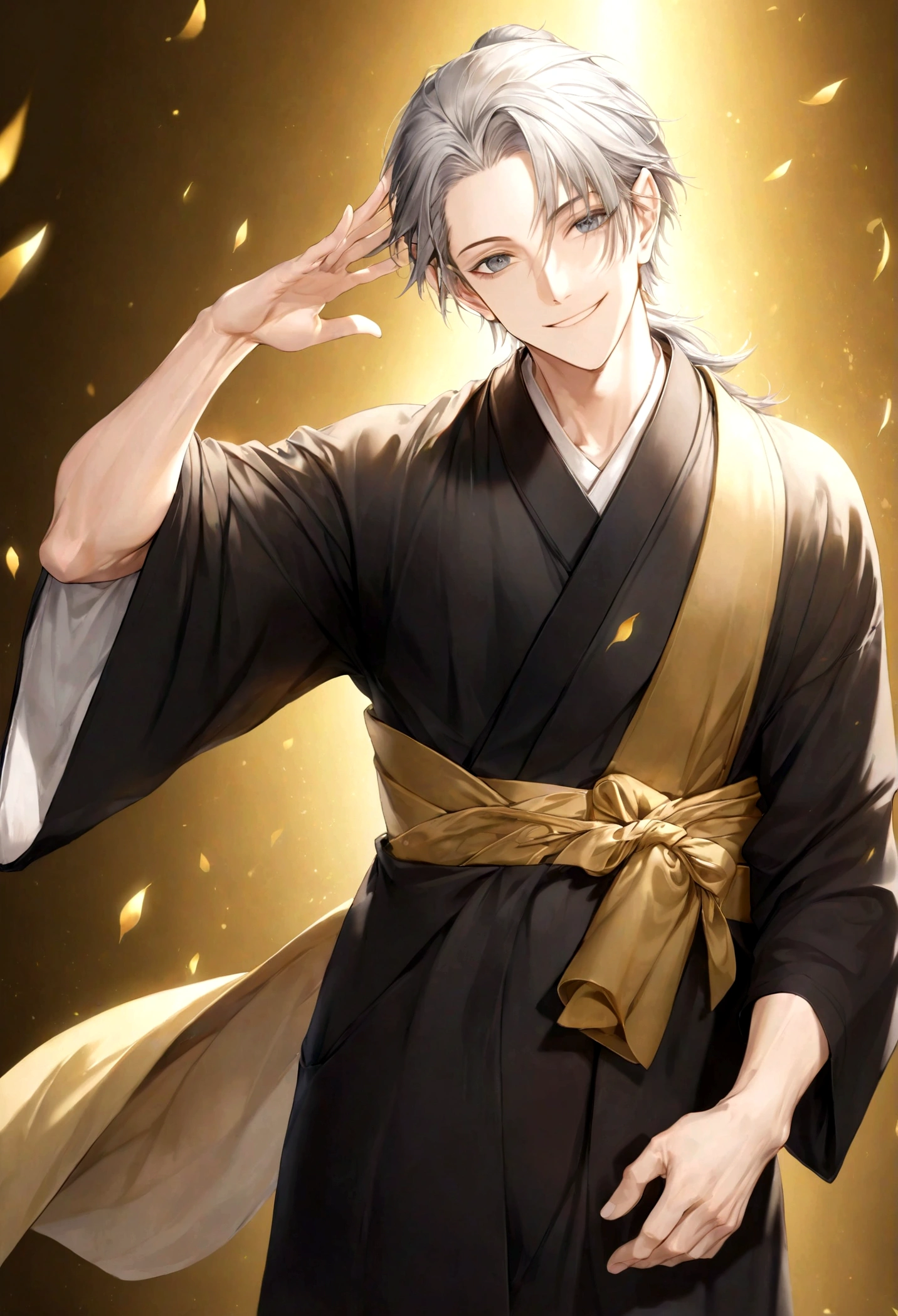 (Artwork, very high quality photo, CGI effect, lighting effect, shading effect), a male elf, bright gray eyes, short platinum hair, (wearing a black kimono with gold details), a brown scarf wrapped around his neck , white yukata over the kimono, (A confident smile on his face, a look of victory)