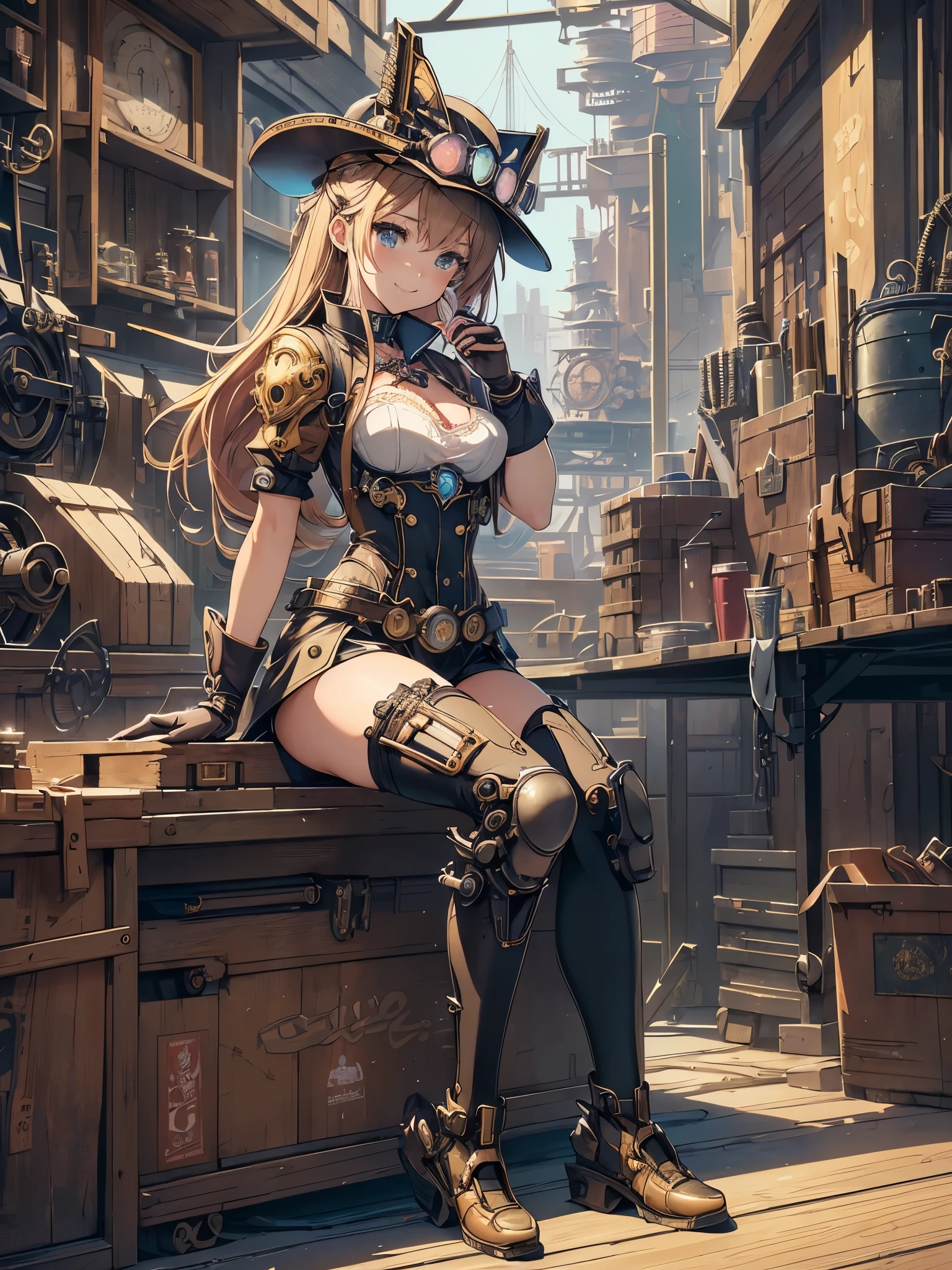 (Line art_anime),(full body, highest quality, ),(Laura Budd Photos:1.2),(Laura Add details:1.0),8k, Flat Color:0.8,1 girl,smile,(Highly decorative and complex mechanical steampunk fashion, Lace flare dolphin hat、goggles、(Sitting on a toolbox drinking coffee)、machinery background、Gear background、An elaborately mechanized steampunk cityscape 1.5)