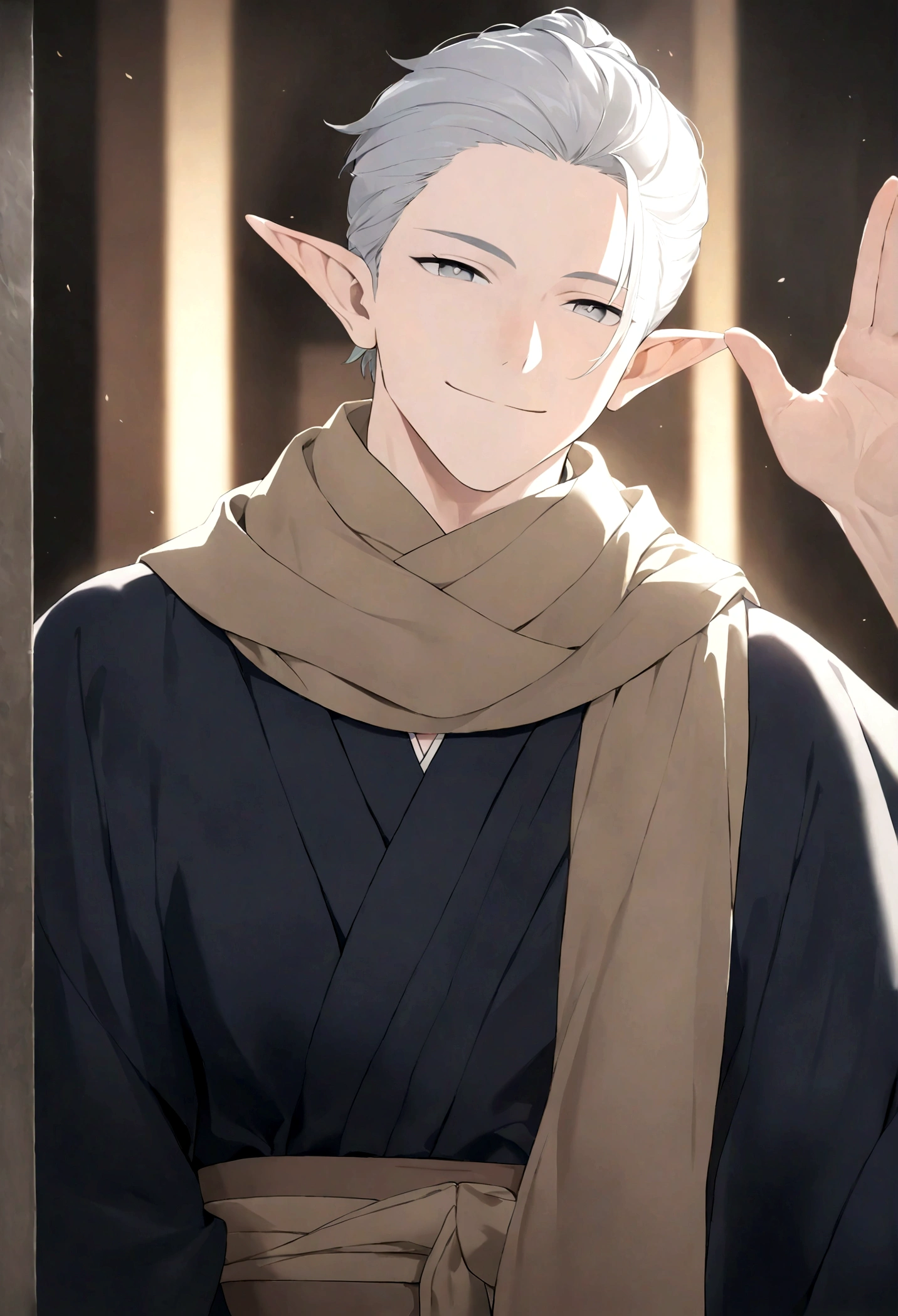 (Artwork, very high quality photo, CGI effect, lighting effect, shading effect), a male elf, bright gray eyes, short platinum hair, (wearing a black kimono with gold details), a brown scarf wrapped around his neck , white yukata over the kimono, (A confident smile on his face, a look of victory)