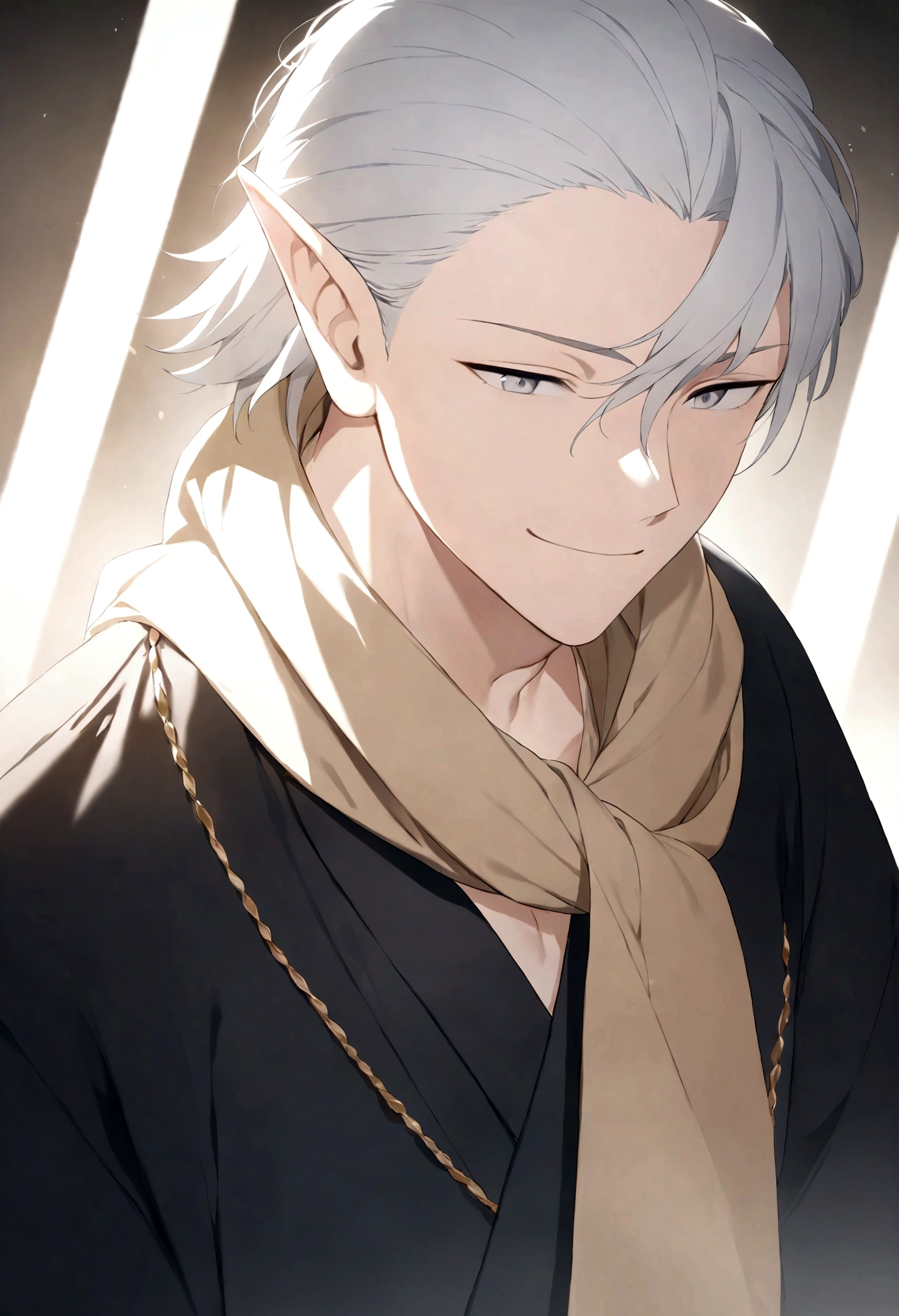(Artwork, very high quality photo, CGI effect, lighting effect, shading effect), a male elf, bright gray eyes, short platinum hair, (wearing a black kimono with gold details), a brown scarf wrapped around his neck , white yukata over the kimono, (A confident smile on his face, a look of victory)