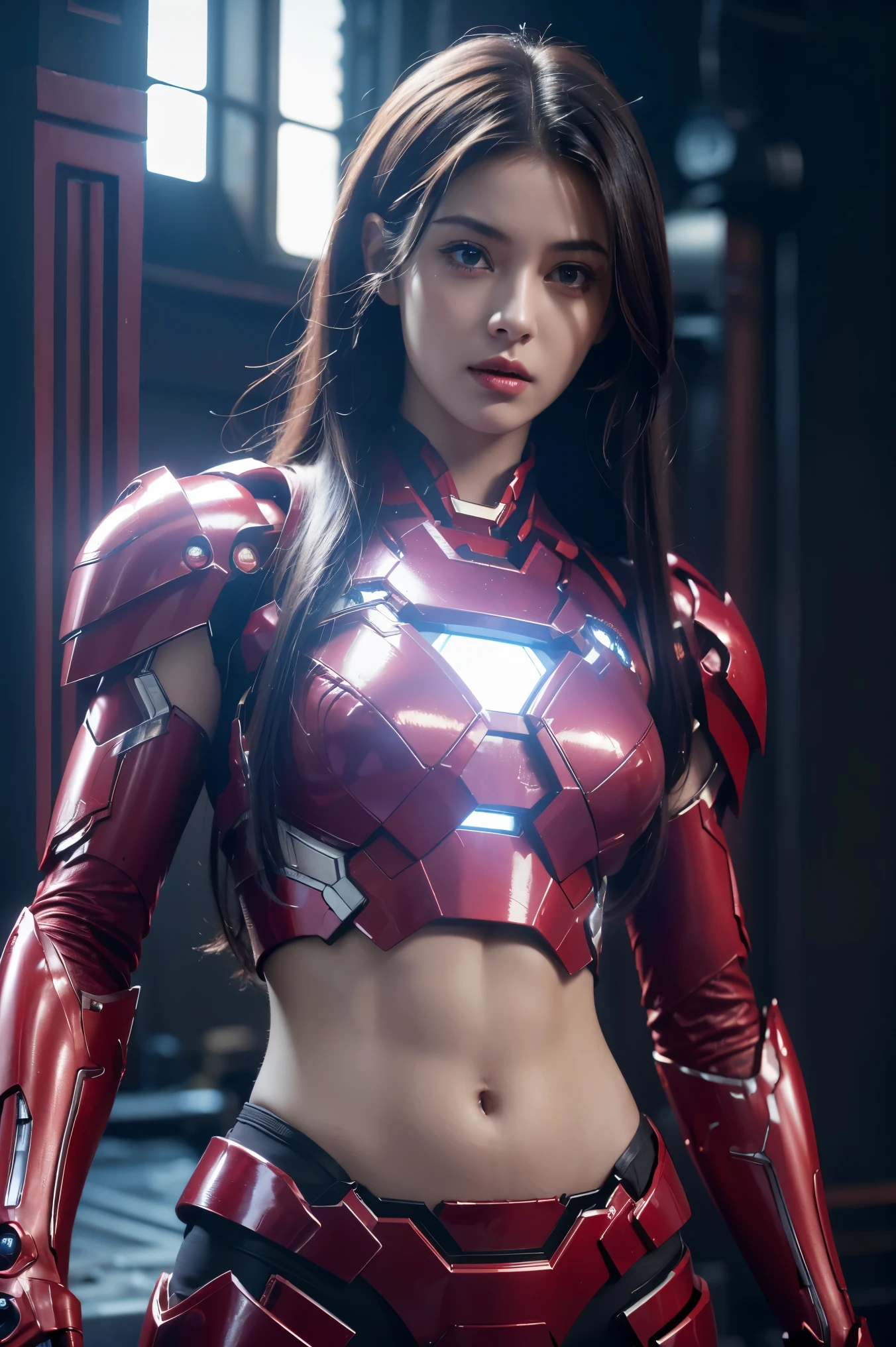 a girl in a red iron man mech armor,(( bare midriff, exposed navel, sexy abs)), beautiful detailed eyes, beautiful detailed lips, extremely detailed eyes and face, long eyelashes, cinematic lighting, 8k, best quality, photo-realistic, digital painting, concept art, dark moody colors, dramatic lighting